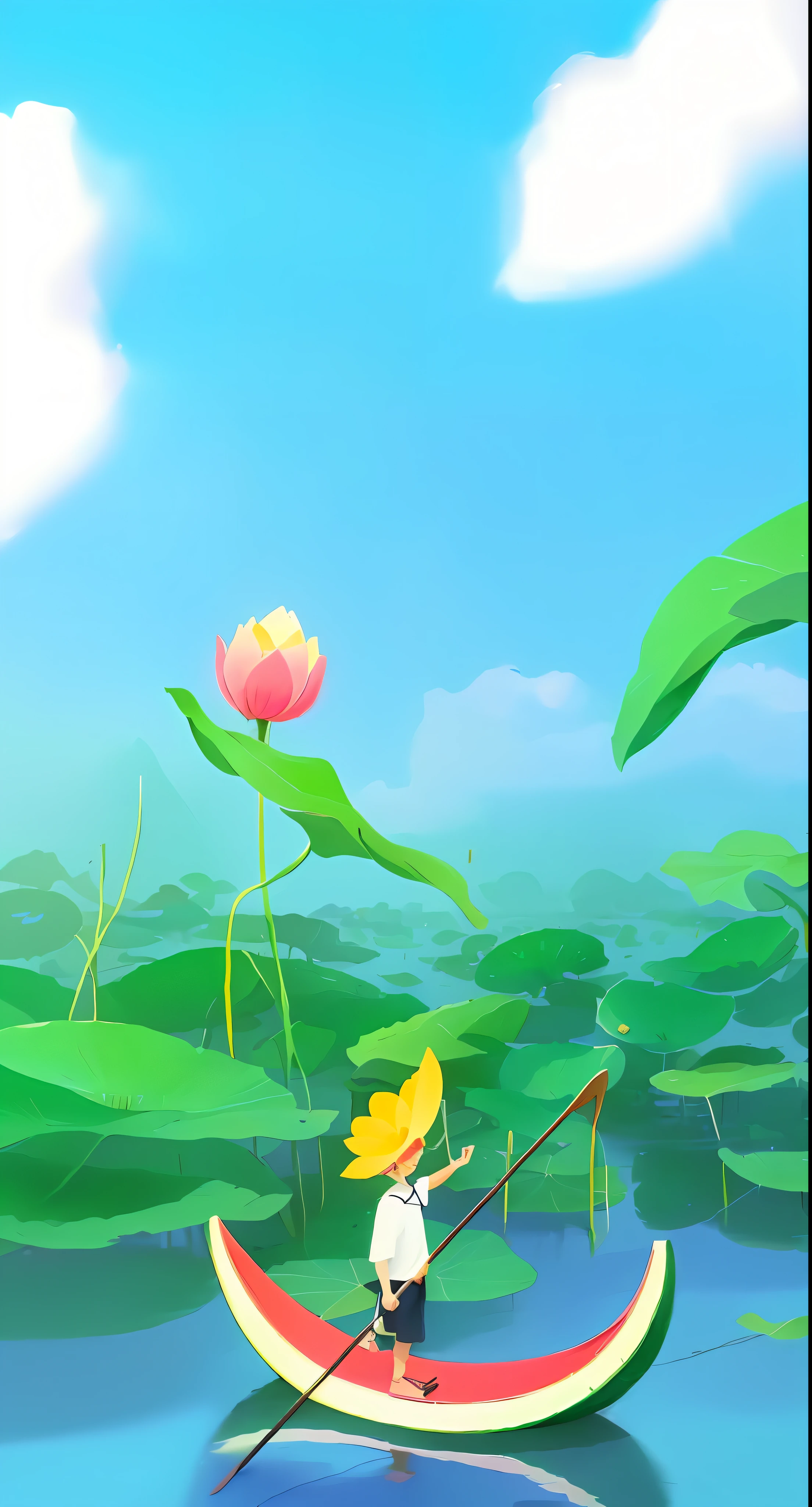 Cartoon illustration kid paddling on lake on watermelon boat, background artwork, animation style rendering, lotus pond, background art, animated stills, animated movie stills, lotus leaf environment, colorful anime movie background, pastel digital painting, animated illustration style, stylized to 3d rendering, 2D game art background, flower background, stylized background