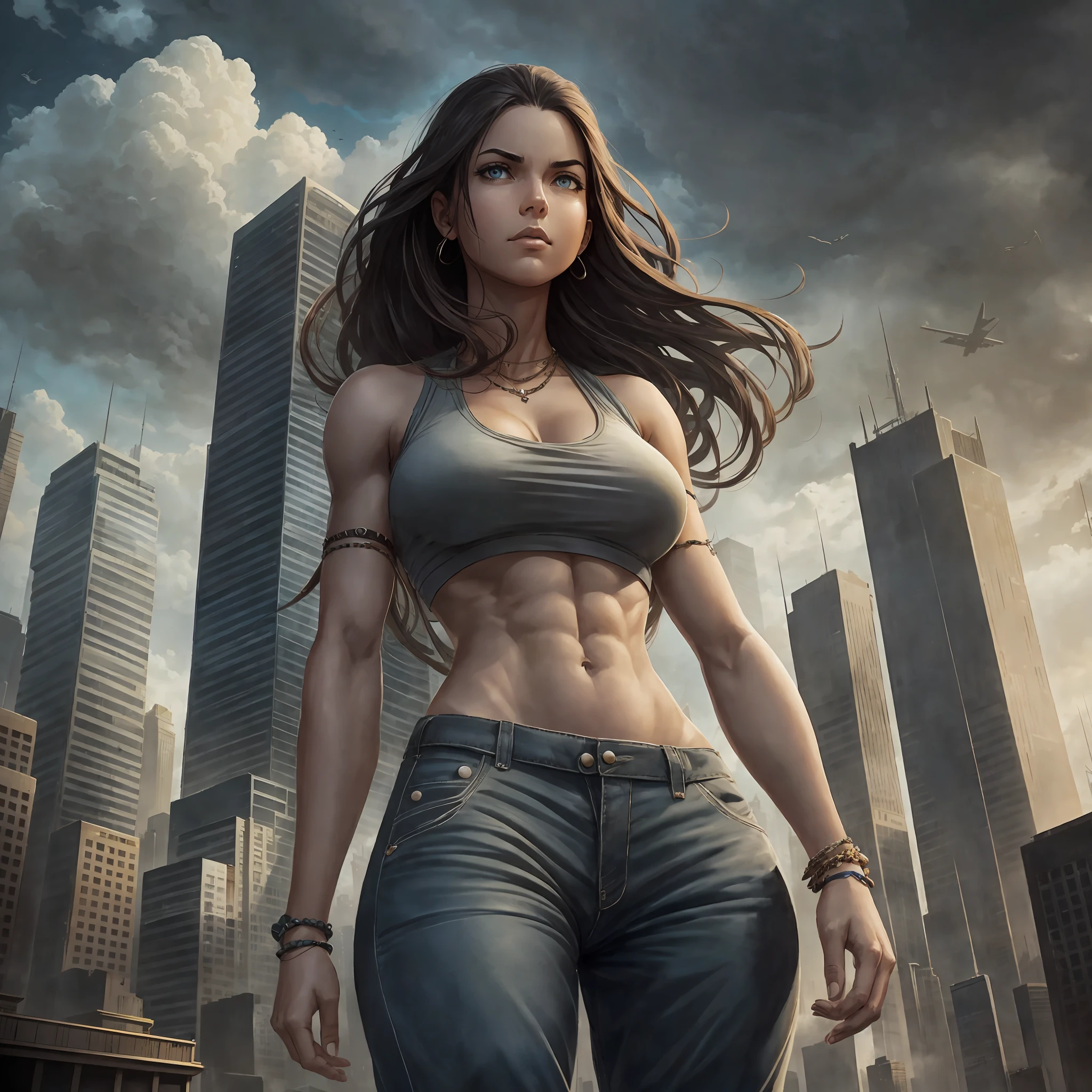 "A towering Giantess in a cool and laid-back hippie style is rocking a crop top and baggy pants. Her toned and athletic build hints at her massive strength. She seems to be casually strolling through the bustling cityscape of GTS City, as towering buildings loom overhead. Smoke and clouds roil around her, adding to the sense of epic scale and drama. The lighting is dark, gloomy, and realistic, creating a tense and ominous atmosphere. The perspective is from below, emphasizing the sheer majesty and power of the Giantess." --auto --s2