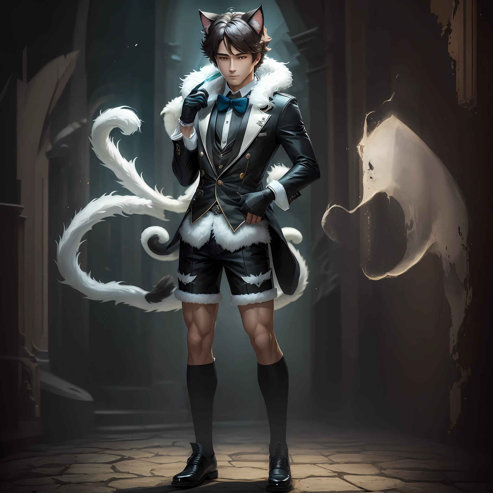 (Best quality, masterpiece:1.2),(Men), ghost cat, cosplay, cat ears, fur everywhere, full body, shorts, formal, cat hand gloves