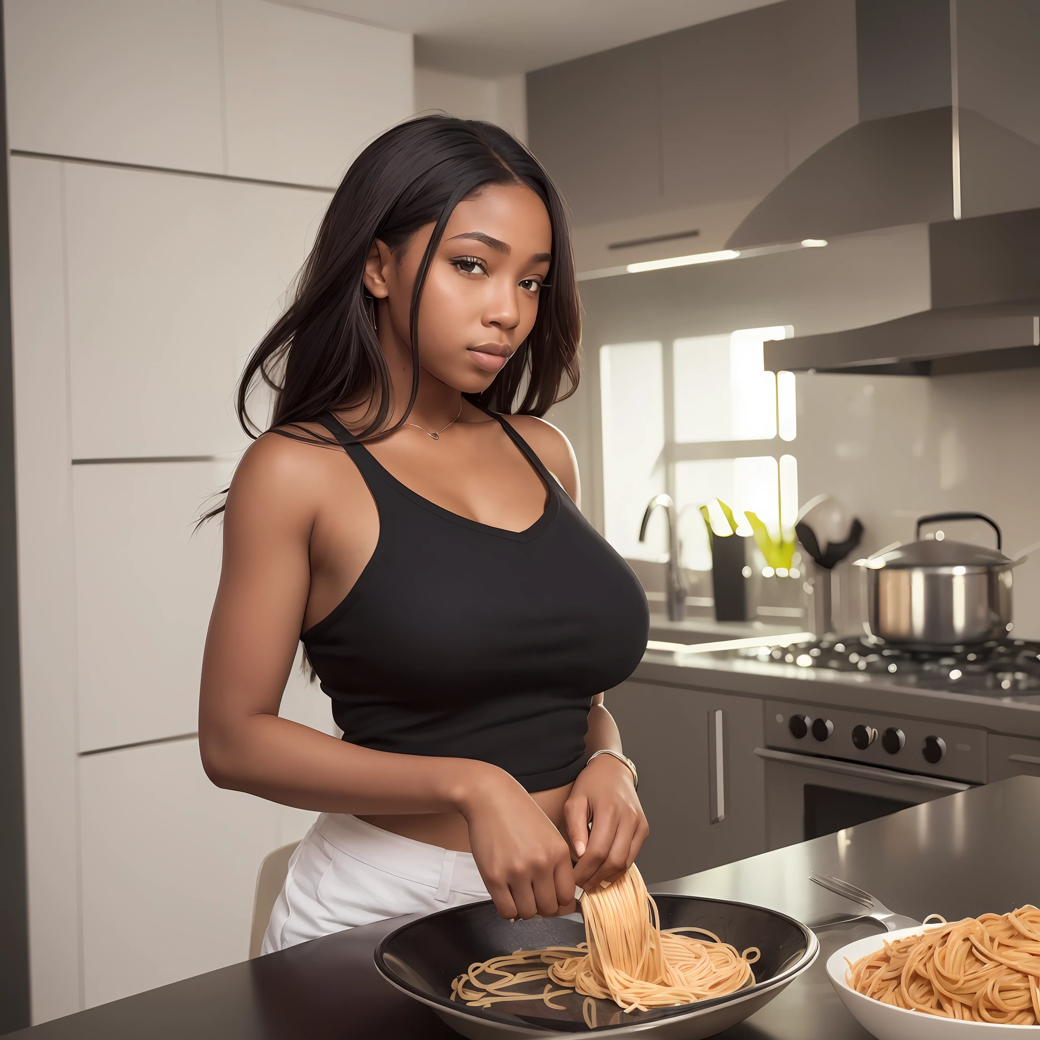 (8k, RAW photo, best quality, masterpiece: 1.2), (realistic, photorealistic: 1.37), 1 girl eating spaghetti, professional lighting, photon mapping, radiosity, beautiful black woman, African American, shirt, big breasts, cook, --auto --s2