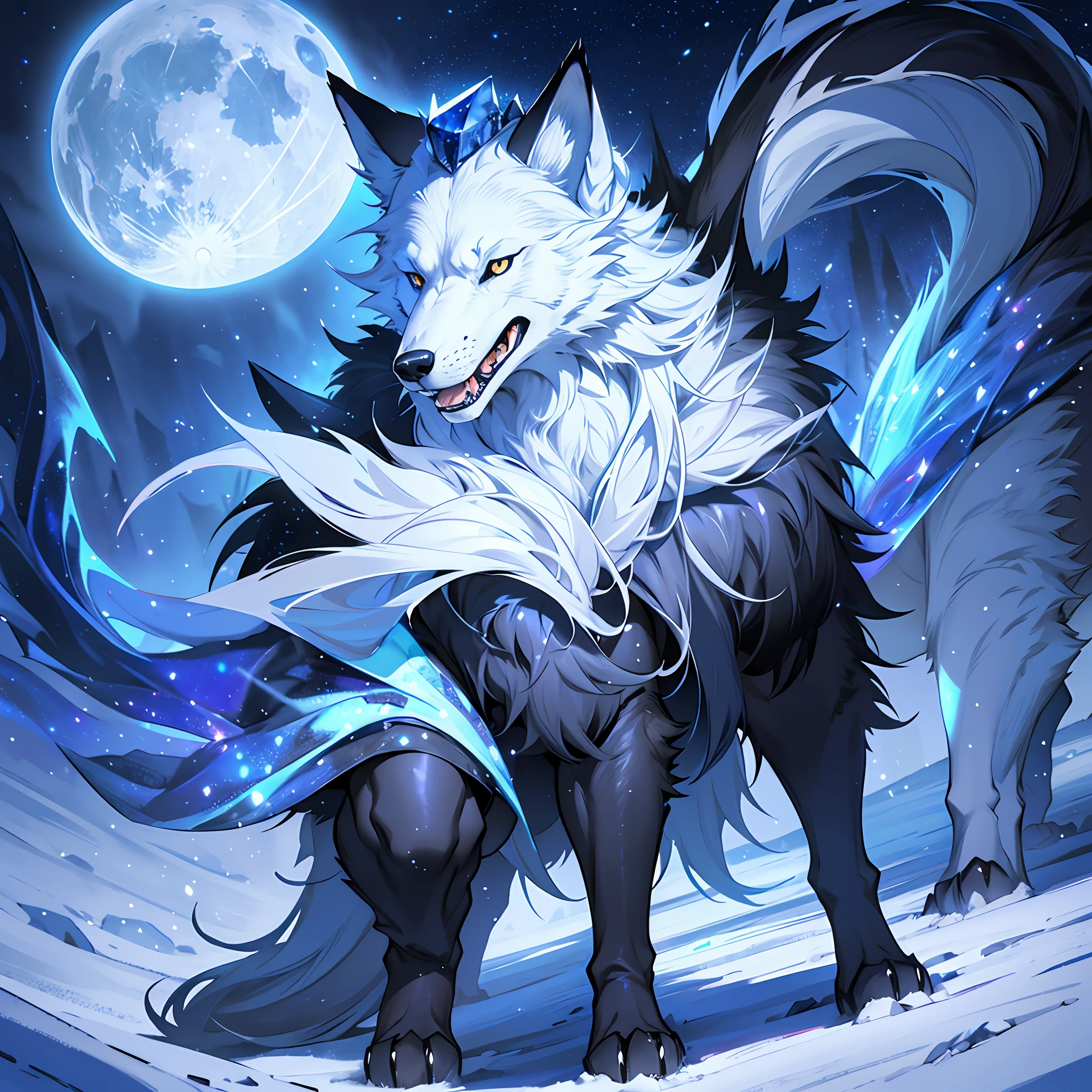 A strong arctic wolf, a sapphire on his head, a hideous face, open his mouth, show his teeth, exude murderous aura, black magic, (mysterious atmosphere), (complex details), snow, night, starry sky, full body photo,
