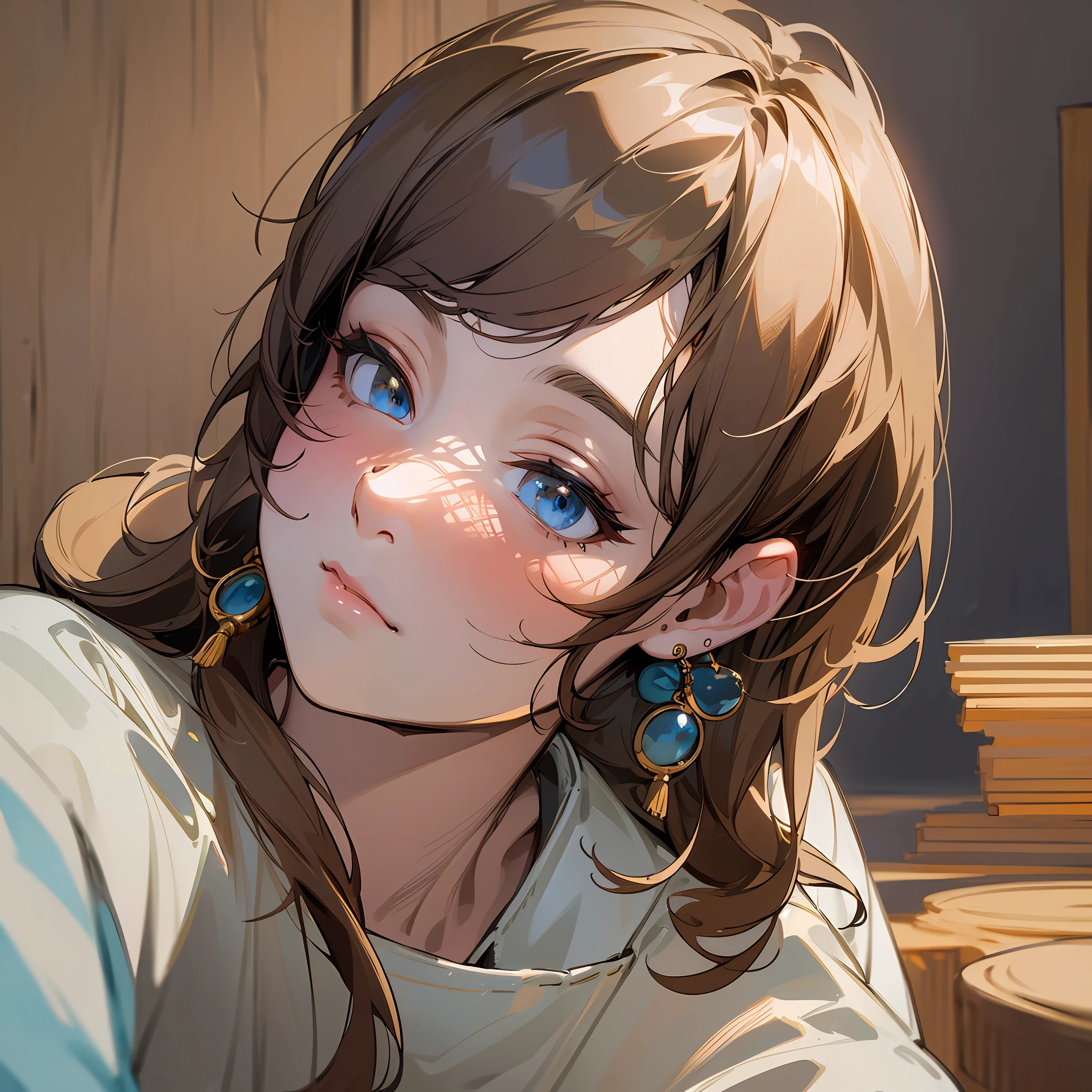 (masterpiece:1.2, best quality), (real picture, intricate details), solo, 1milf, home, close-up face, shirt, (front focus), large round earrings, Looking at me, bangs --auto --s2