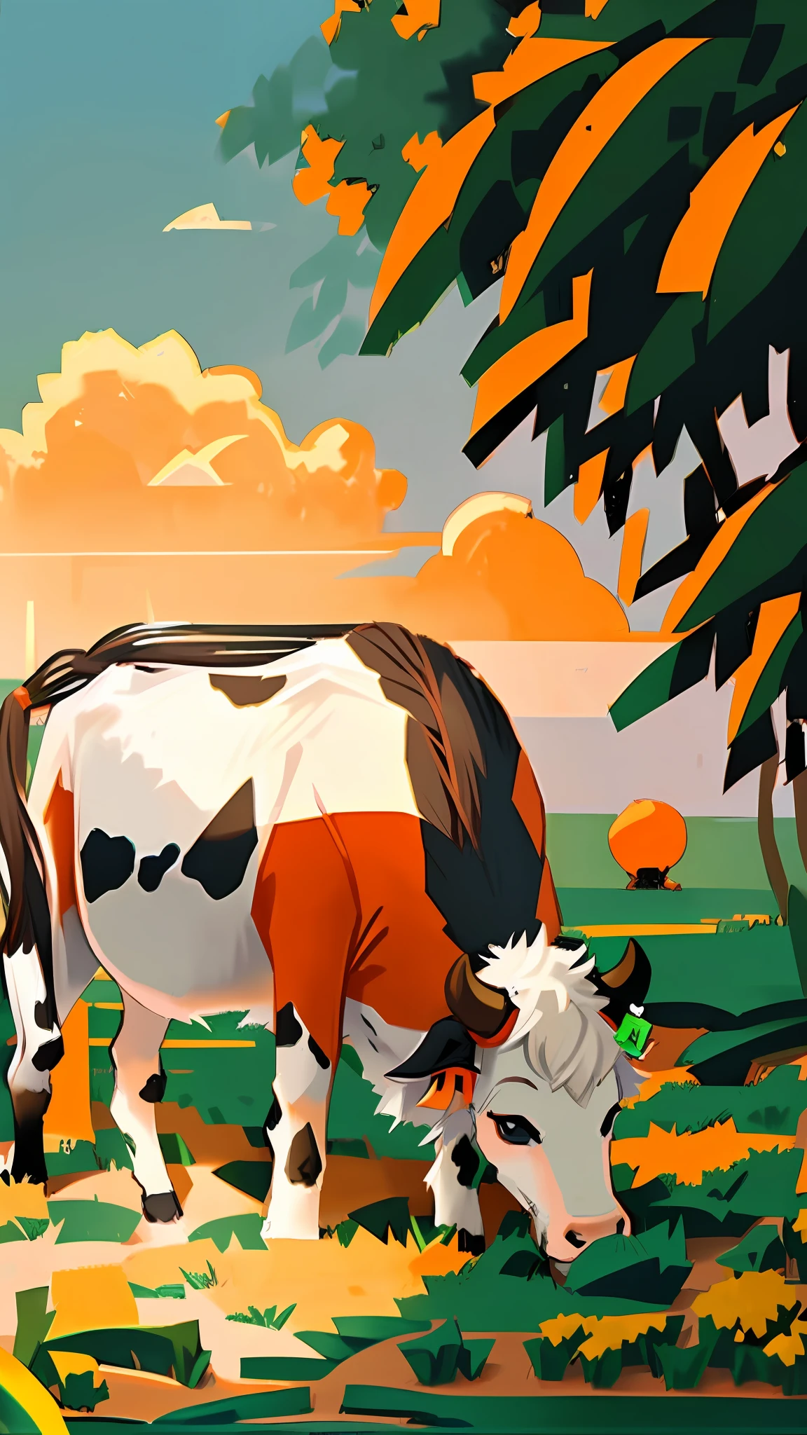 ((A cow grazing)) Naturalness, natural color, soft light, grass, cow grazing, posture, dynamics, expression, visual effects, three-dimensional, details, texture, cow expression, layering, texture, ease, pleasure, life, natural elements, orange trees, ecology, flat illustrations, aesthetics.