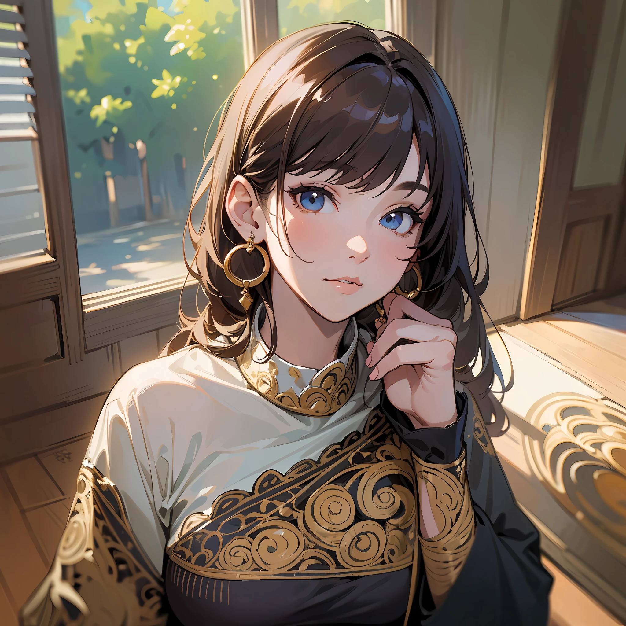(masterpiece:1.2, best quality), (real picture, intricate details), solo, 1milf, home, close-up face, shirt, (front focus), large round earrings, Looking at me, bangs --auto --s2