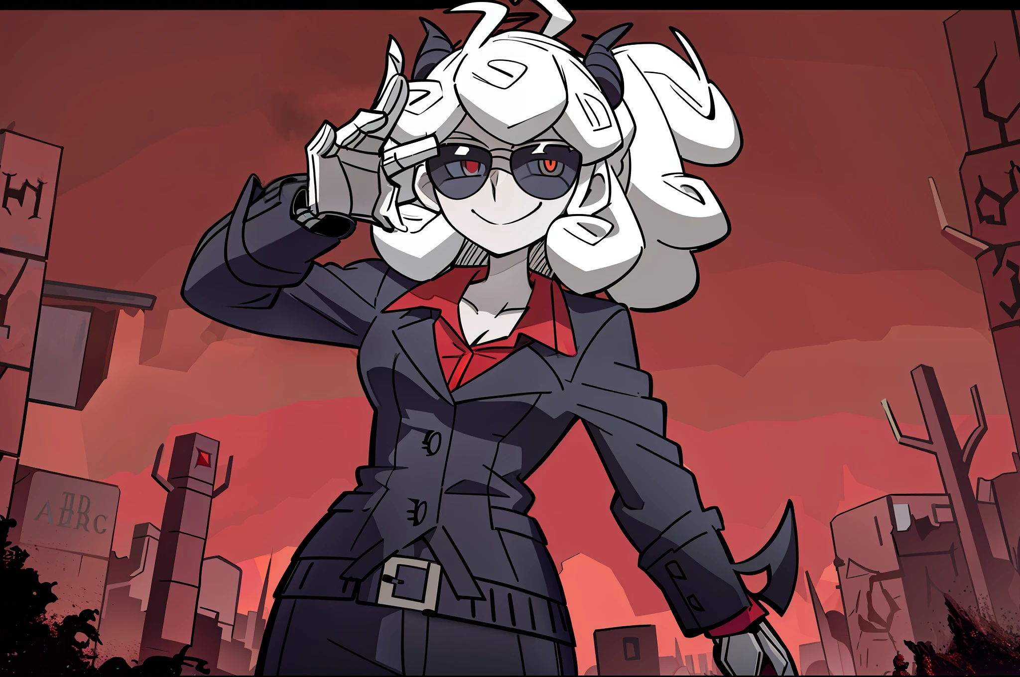 masterpiece, best quality, a beautiful and detailed portrait of pandemonica with sunglasses, standing, clothed,(smile),outside,dead trees, dark clouds,official artstyle with official art,hellish and red background, red sky,overcast,posing