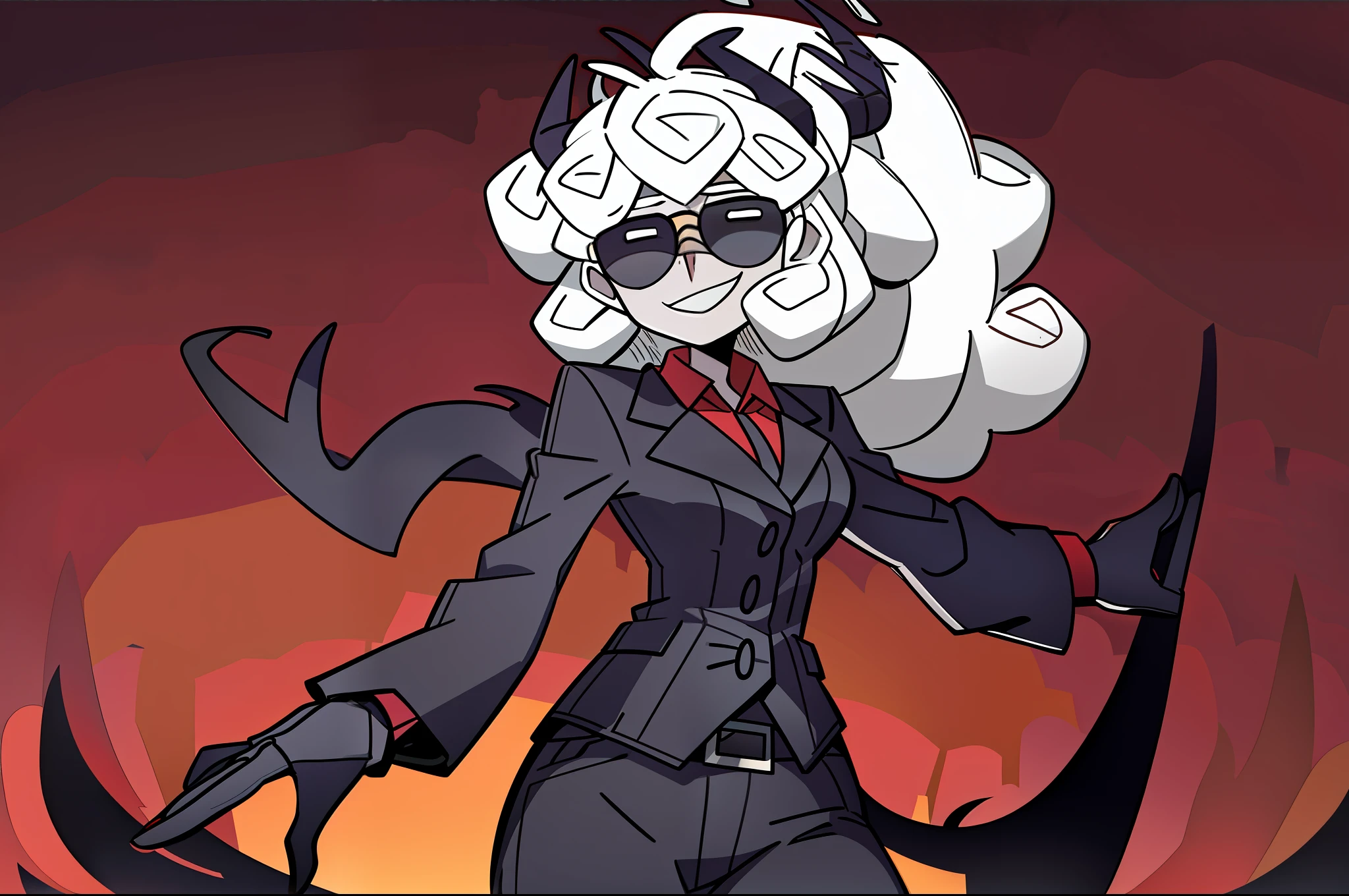 masterpiece, best quality, a beautiful and detailed portrait of pandemonica with sunglasses, standing, clothed,(smile),outside,dead trees, dark clouds,official artstyle with official art,hellish and red background, red sky,overcast,posing