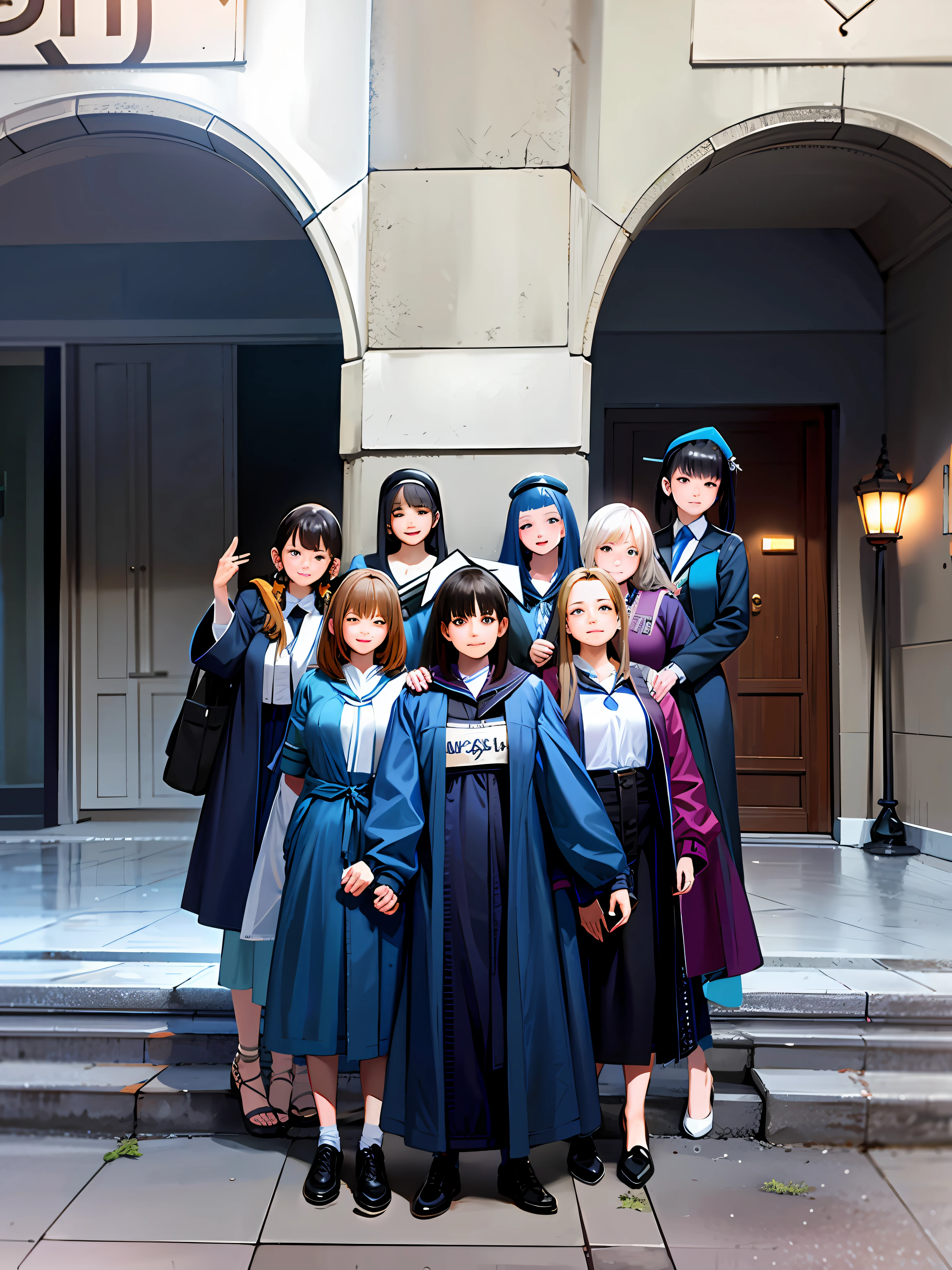 7 girls in graduation gowns posing for a picture, photo taken in 2023, graduation photo, wearing an academic gown