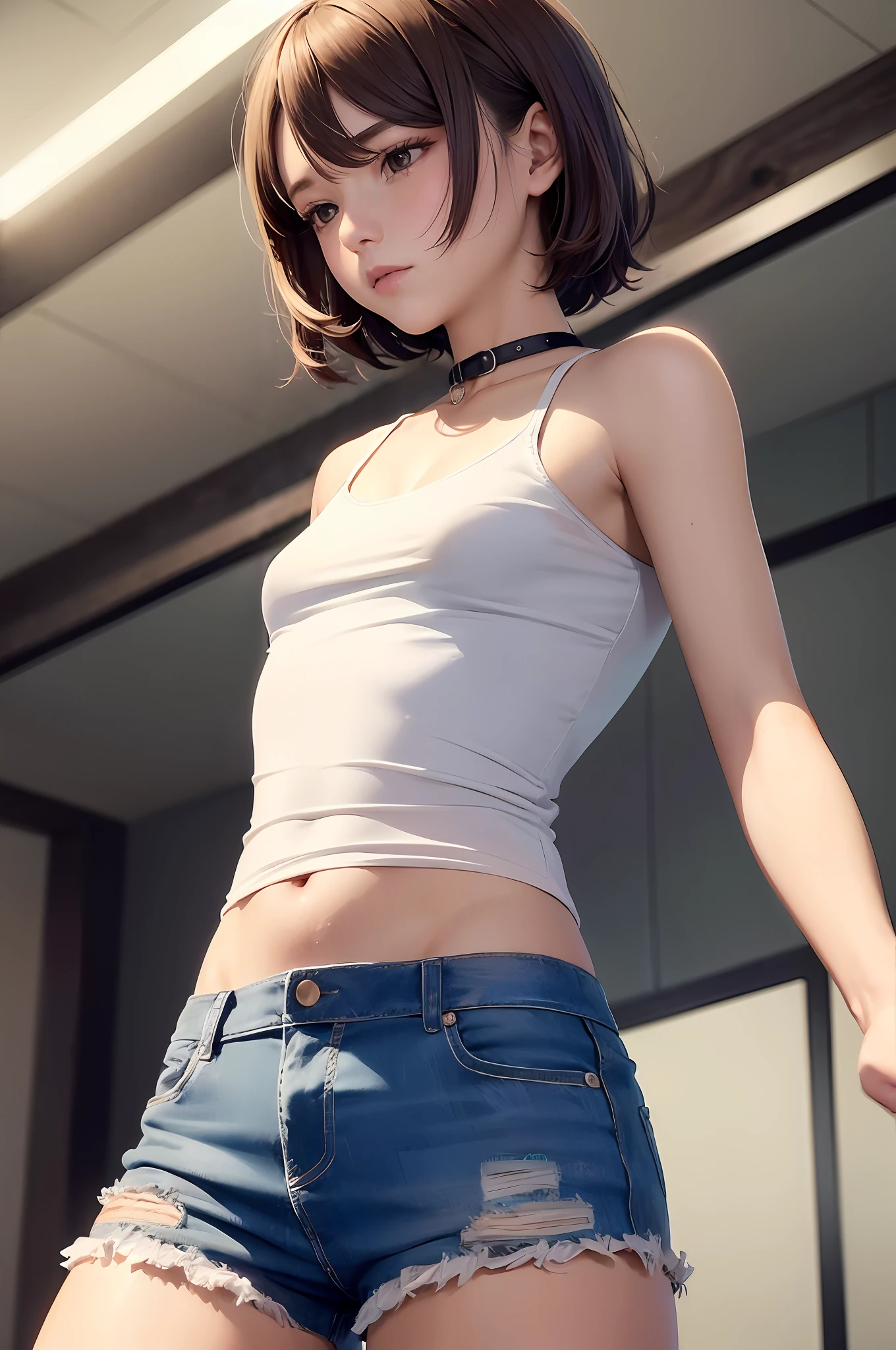 ((Medium, Tomboy, Small Head)), (Perfect Body: 1.1), (Short Wavy Hair: 1.2), Reddish Brown, Collar, Chain, Full Body Shot, Crowded City, White Tank Top, Jeans Jacket, (Shorts), (Very Elaborate CG 8K Wallpaper), (Very Delicate and Beautiful), (Masterpiece), (Best Quality): 1.0), (Ultra High Definition: 1.0), Beautiful Lighting, Perfect Lightning, Realistic shadows, High Resolution, Detailed skins, Super Detail ((Colorful))