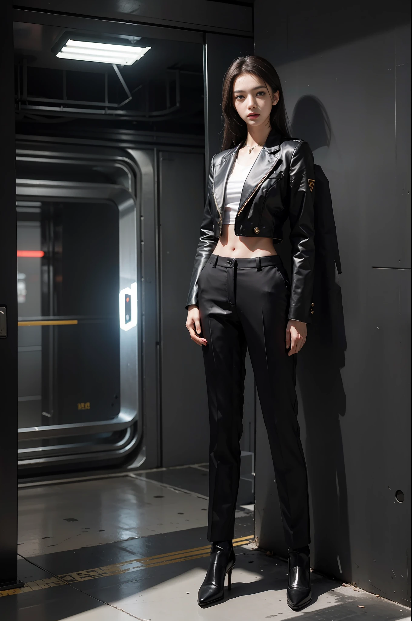 Best quality, refined face, 25 years old girl, slim figure, pants, suit suit, uniform, full body, body made of metal, small bust, metal, wall, standing, cyberpunk, sci-fi