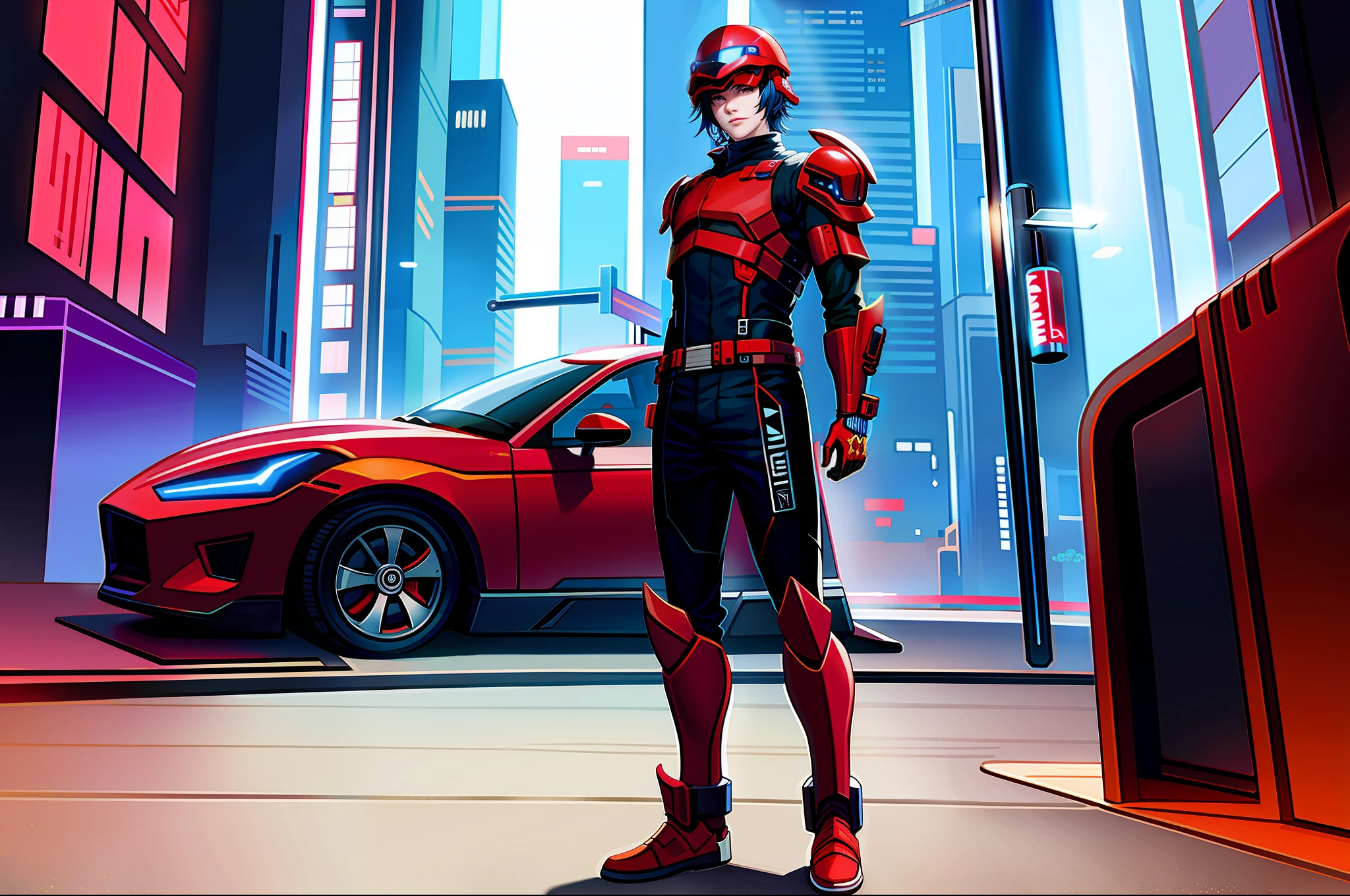 Guy wearing cyberpunk helmet armor red and blue fullbody
