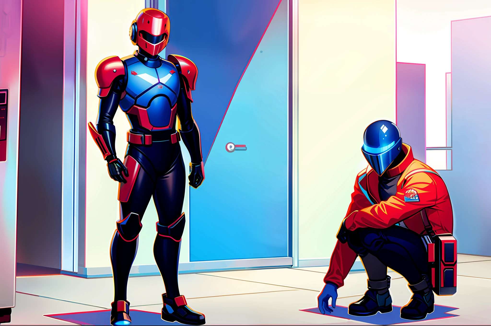 Guy wearing cyberpunk helmet armor red and blue fullbody
