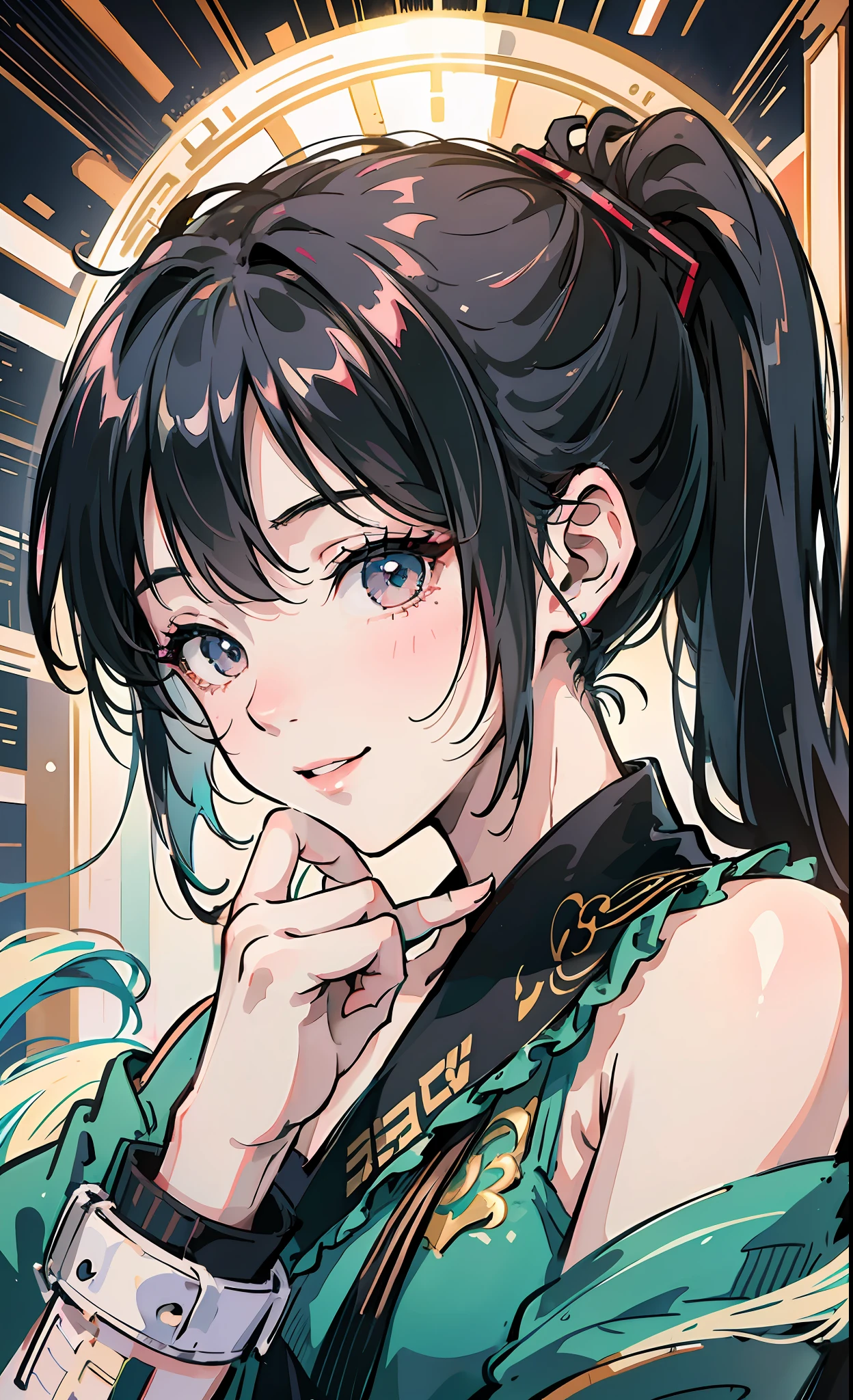 Korean girl, black hair, older sister, tying her hair into a ponytail and smiling to the narrator, high definition picture, masterpiece, (beautiful girl, cafe, seductive, virgin, sexy), (secretary), fierce smile, Miku, Hatsune Miku, --auto --s2