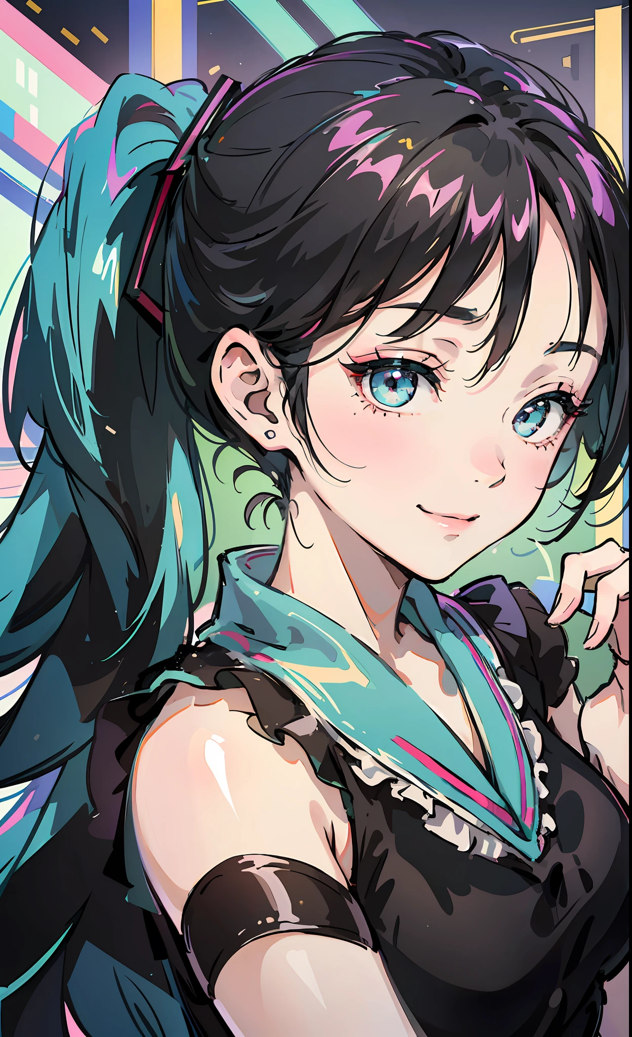 Korean girl, black hair, older sister, tying her hair into a ponytail and smiling to the narrator, high definition picture, masterpiece, (beautiful girl, cafe, seductive, virgin, sexy), (secretary), fierce smile, Miku, Hatsune Miku, --auto --s2