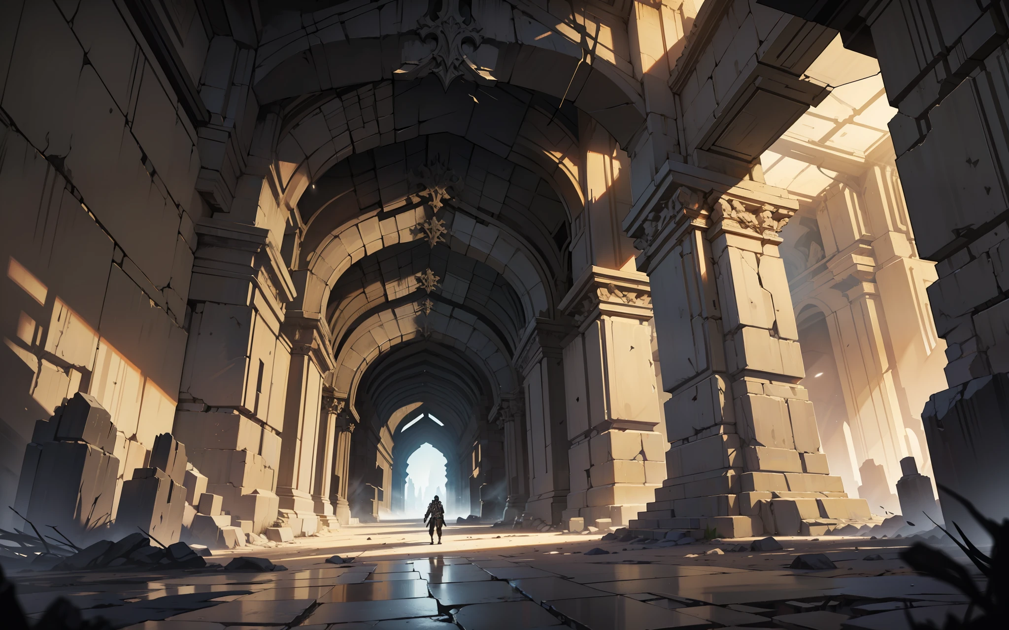 Horizontal board battle scene, cave interior scene, dark, broken, parallel perspective, there is a picture of the cave interior, cyberpunk, broken, there are a lot of stone pillars, there is a horizontal very wide stone road background, magical background, arena background, game background, exaggerated dark, dark background, cartoon style