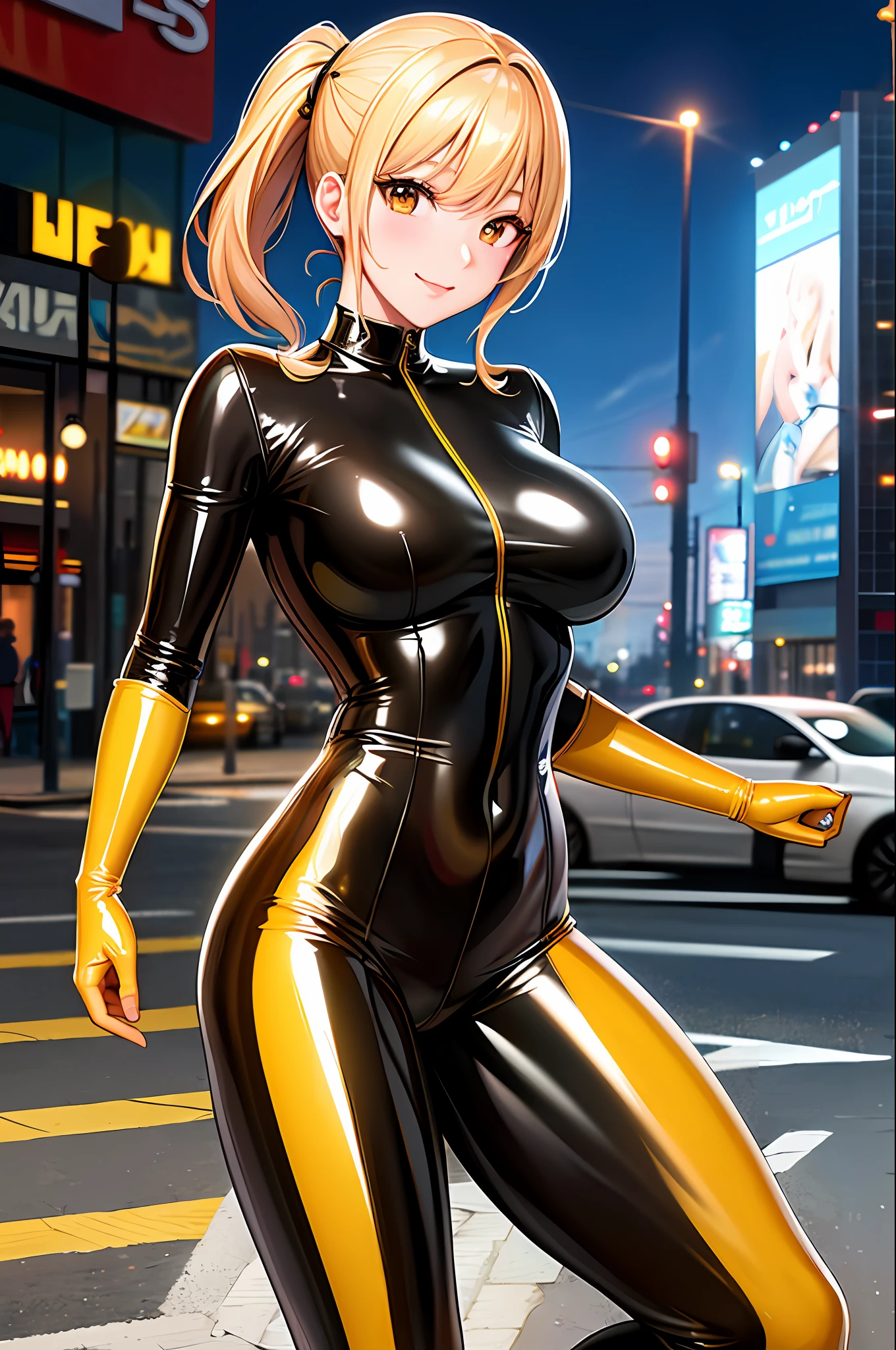 (8k, RAW photo, top quality, masterpiece: 1.2), (realistic, photoreal: 1.37), 1 girl, (Kpop idol), (glamorous monkey: 1), hair ornament, portrait, cute, cityscape, night, wet, professional lighting, photon mapping, radiosity, physically based rendering, thigh socks, smile, pose, blonde, tight clothes, (latex bodysuit), ( yellow bodysuit), shiny pants, spread, women,