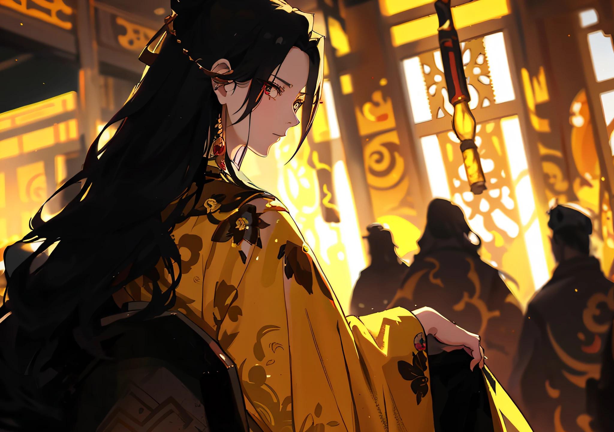 anime, a woman in a yellow kimono is standing in a room with other people, handsome guy in demon slayer art, palace , a girl in hanfu, by Yang J, artwork in the style of guweiz, zhongli from genshin impact, keqing from genshin impact, guweiz, flowing hair and long robes