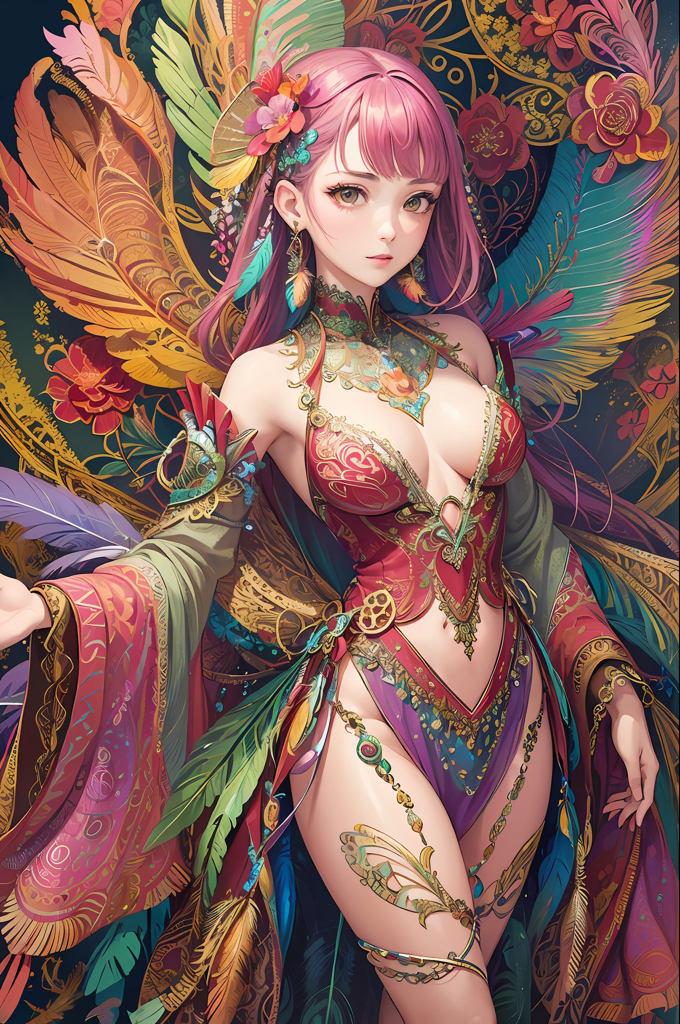 (masterpiece, top quality, best quality, official art, beautiful and aesthetic:1.2), (1girl:1.3), extremely detailed,(fractal art:1.1),(colorful:1.1)(flowers:1.3),highest detailed,(zentangle:1.2), (dynamic pose), (abstract background:1.3), (shiny skin), (many colors:1.4), ,(earrings:1.4), (feathers:1.4)