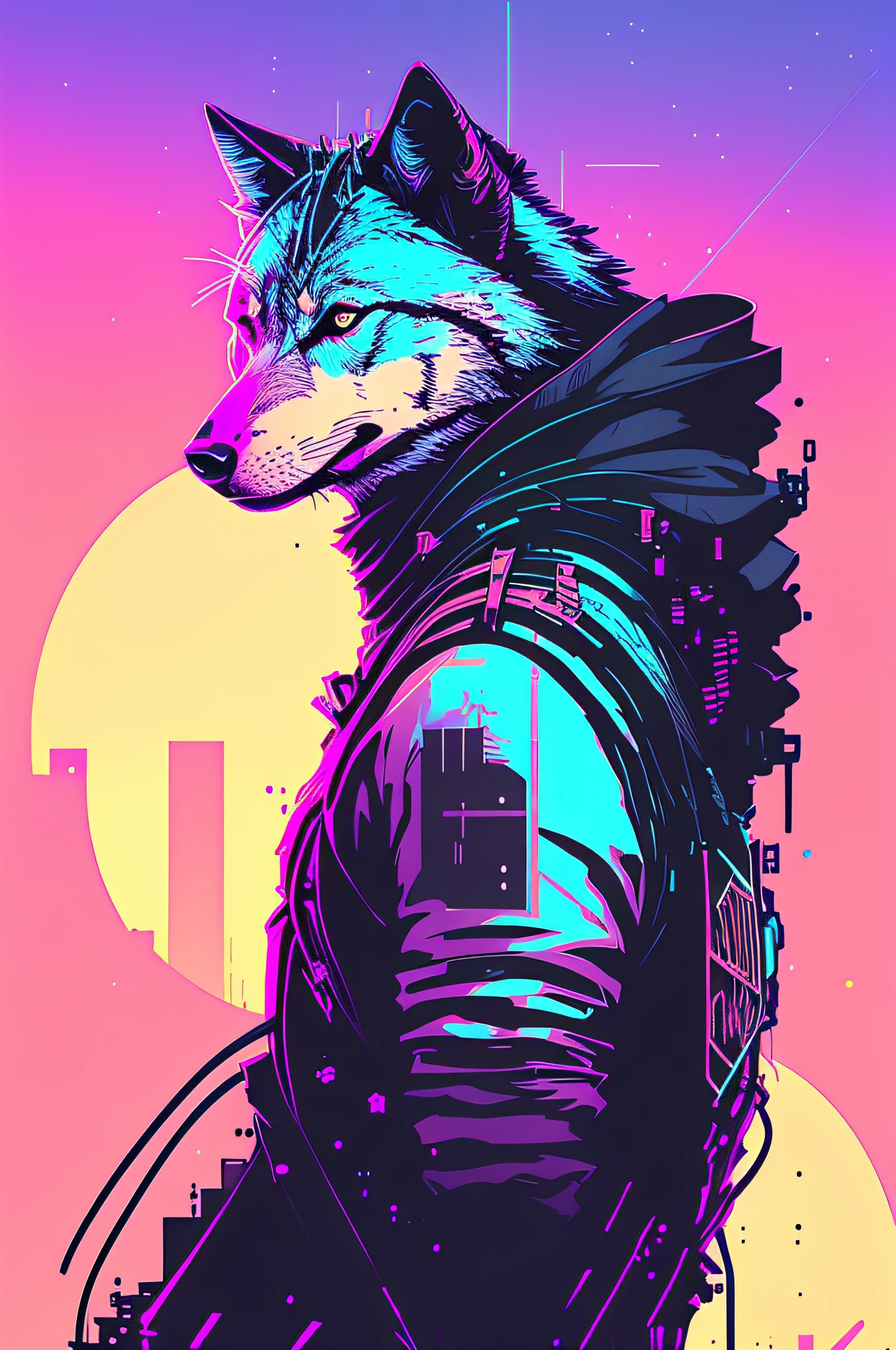 (nvinkpunk:1.2) (snthwve style:0.8) wolf, anthro, lightwave, sunset, intricate, highly detailed