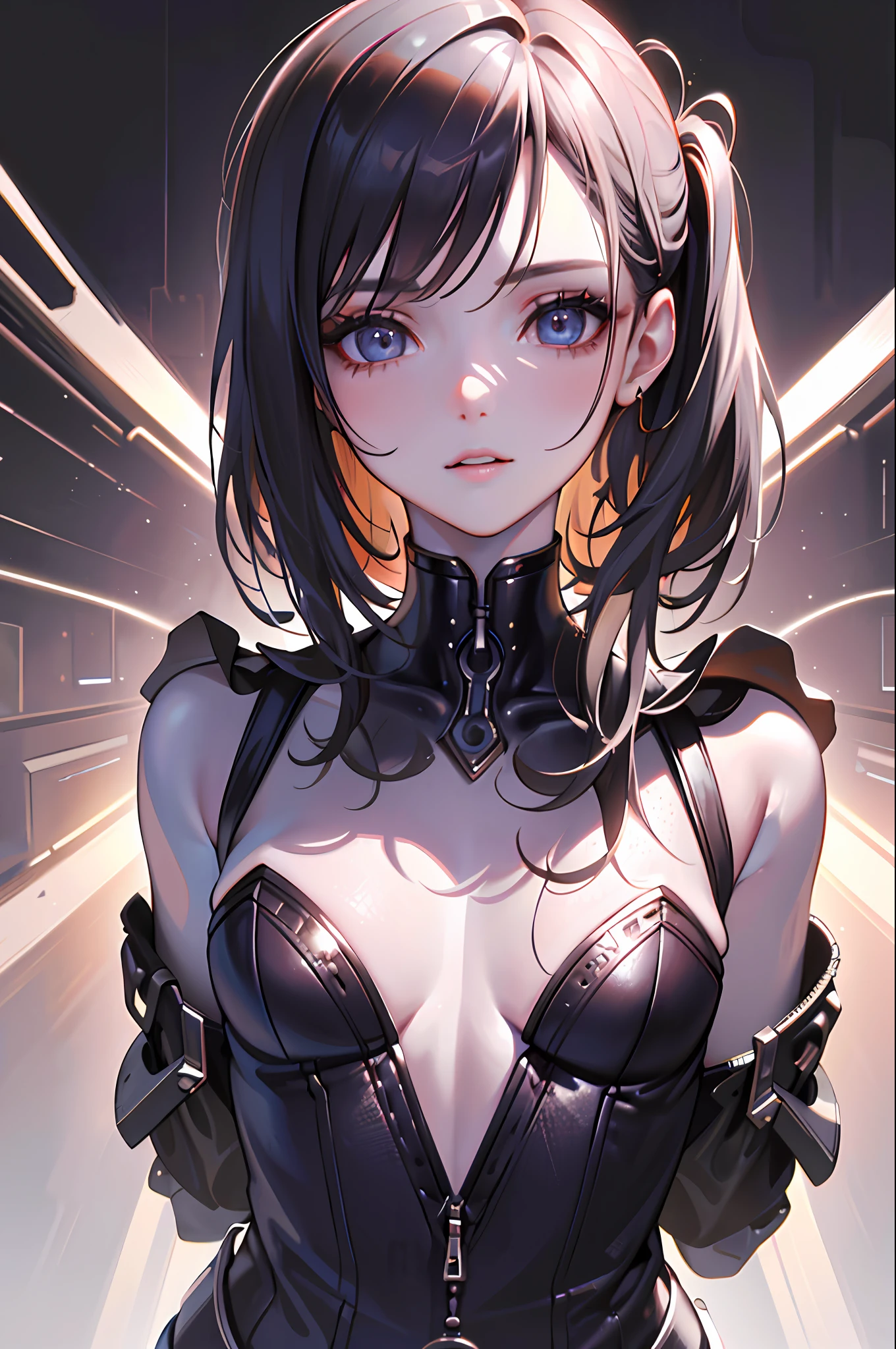 (masterpiece, sidelighting, finely detailed beautiful eyes: 1.2), (portrait), (bust), (masterpiece*portrait), realistic, 3d face, lusious skin, ((solo)), perfect face, ((close-up of face)), ((high detail skin, visible pores)), slender body, Perfect body, beautiful cyberpunk girl, small tits, cyberpunk jumpsuit, guns