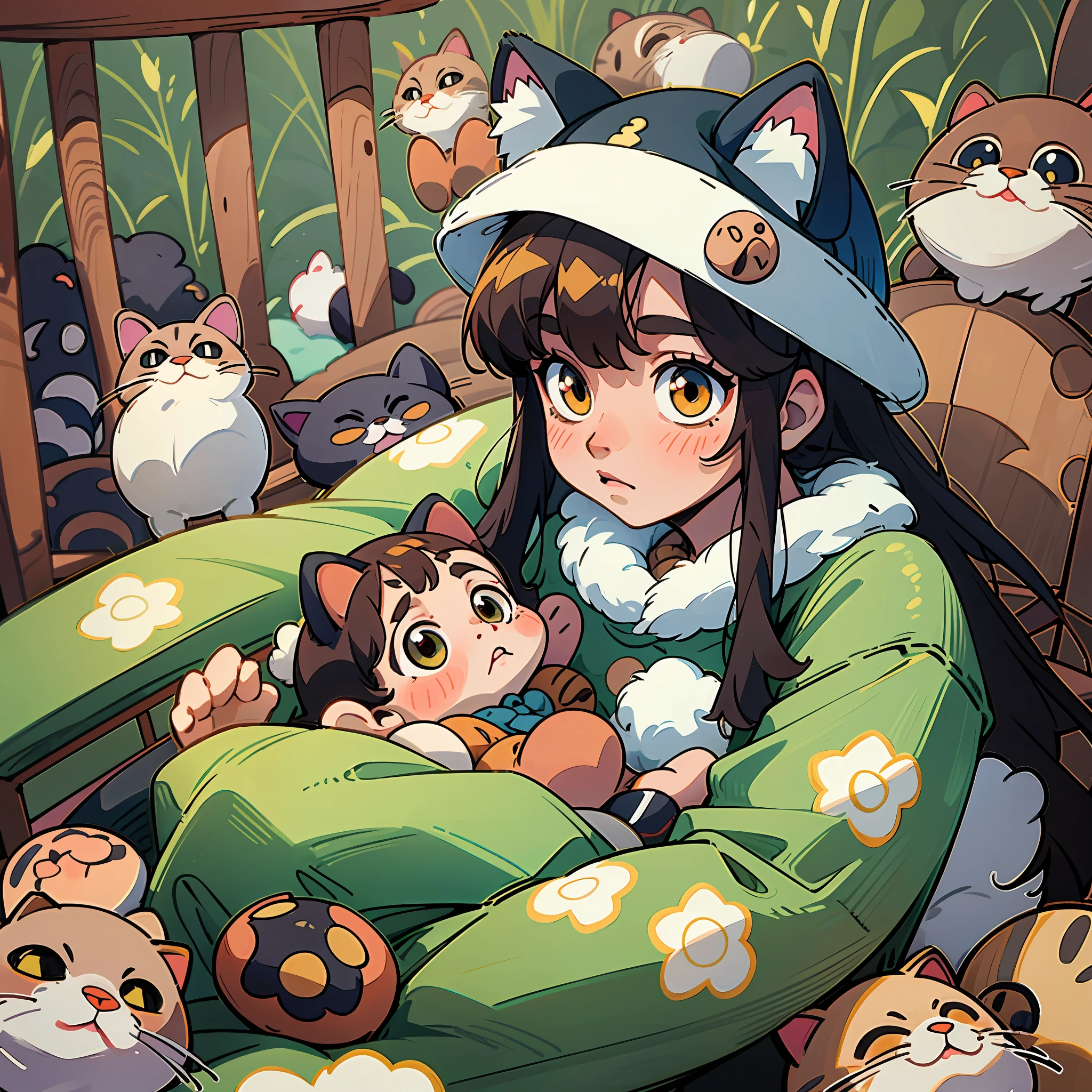 An adult cat with a round face and a brown tabby pattern and a pure black long-haired adult cat observe the baby in the crib, the baby wears a hat with rabbit ears, and the clothes are painted with the pattern of a rabbit --auto --s2