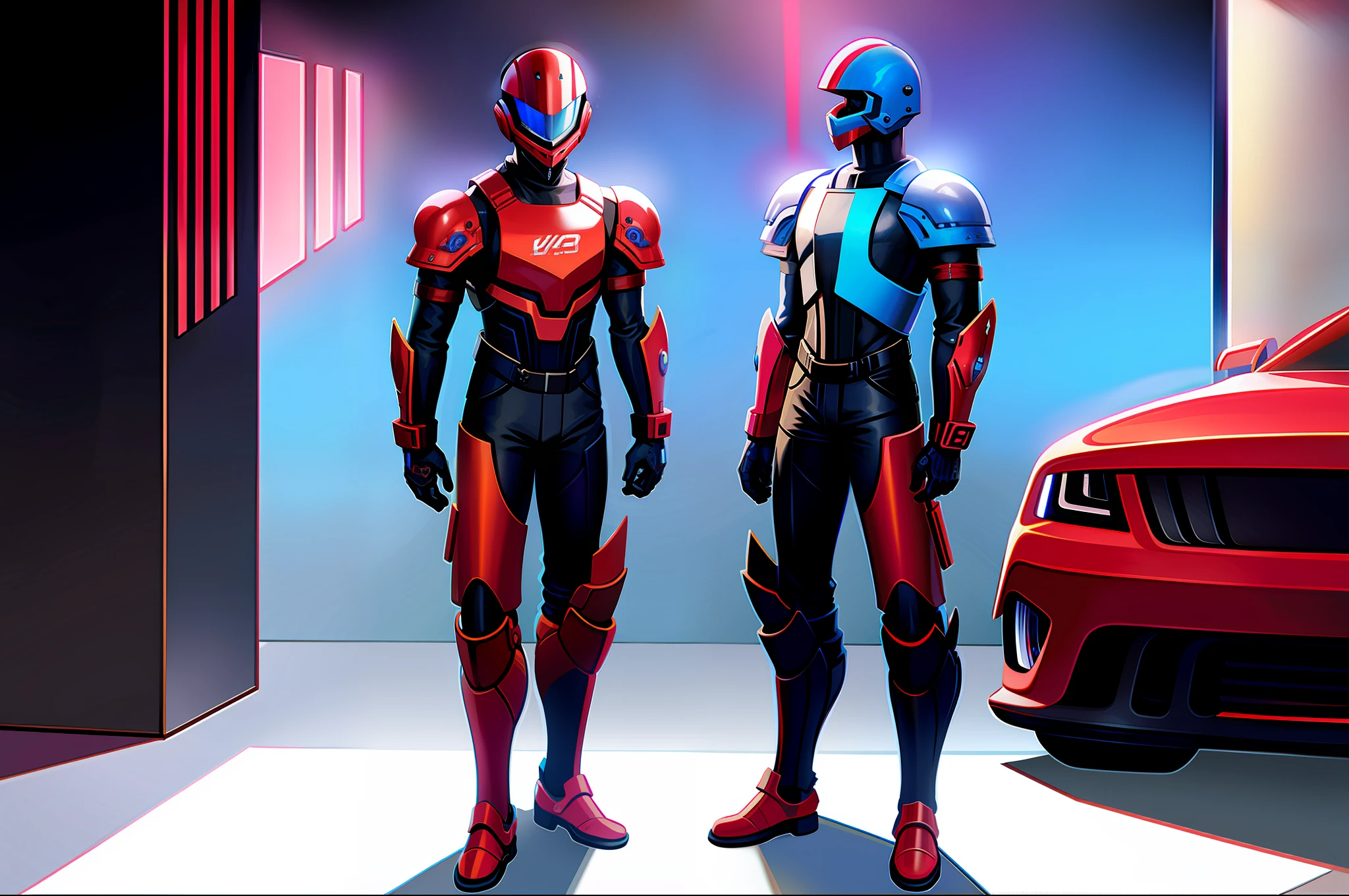 Guy wearing cyberpunk helmet armor red and blue fullbody