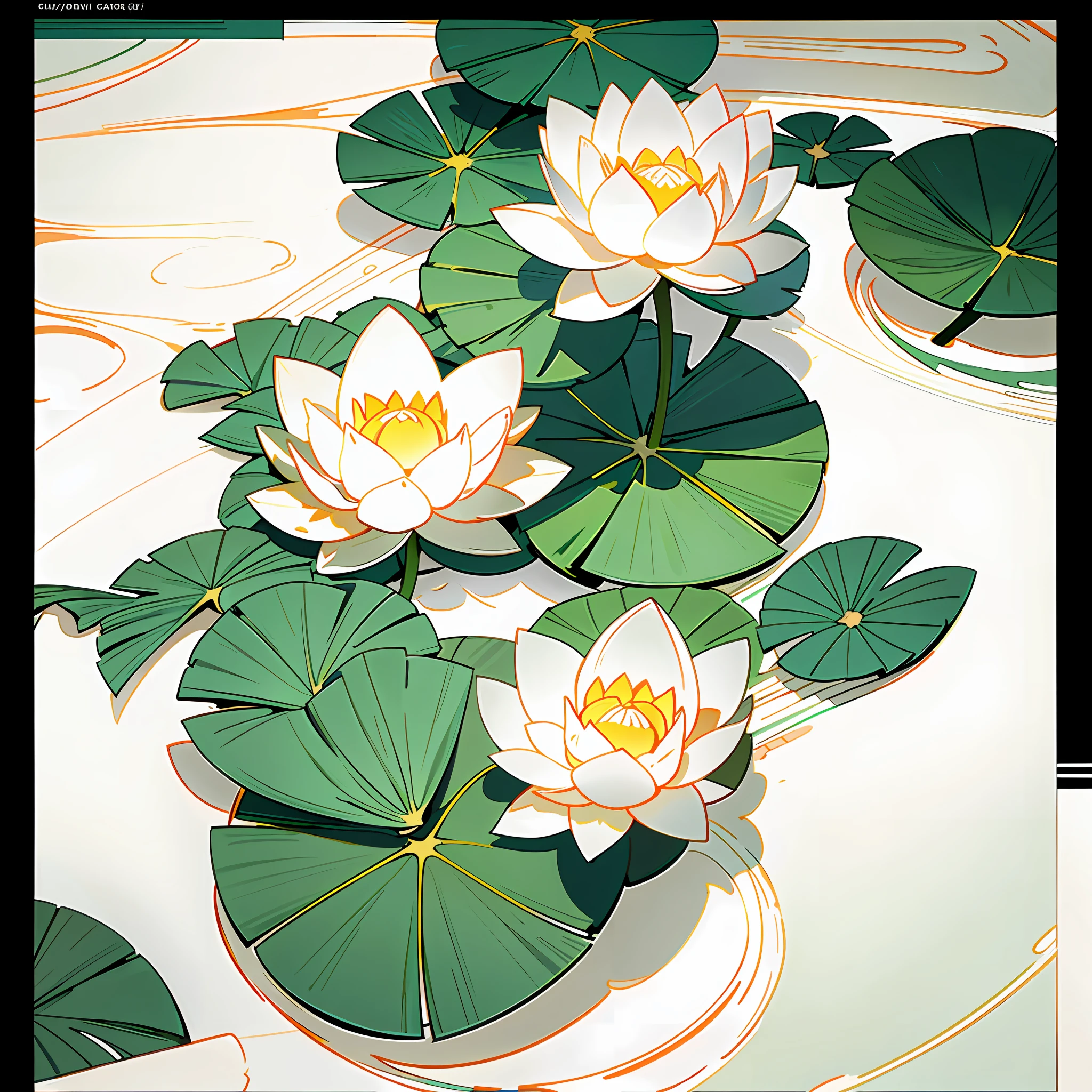 Large lotus leaves, lotus flowers, ink painting style, clean colors, decisive cut, white space, freehand, masterpiece, super detailed, epic composition, high quality, highest quality, 4k --v 6