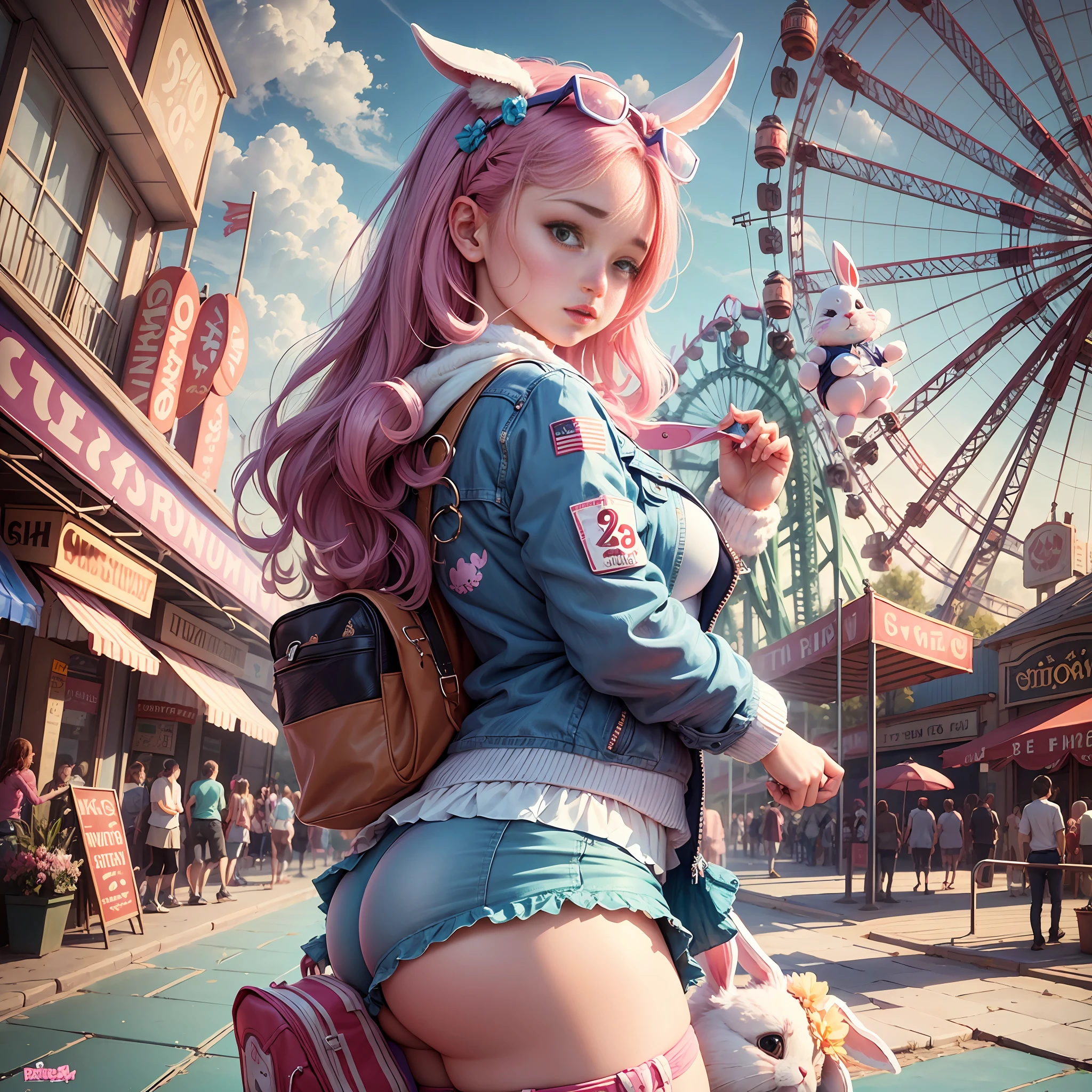 Underwear visible scene, amusement park scene, pretty girl, spring, high quality, high resolution, plump ass, cute rabbit outfit, shiny jacket --auto --s2