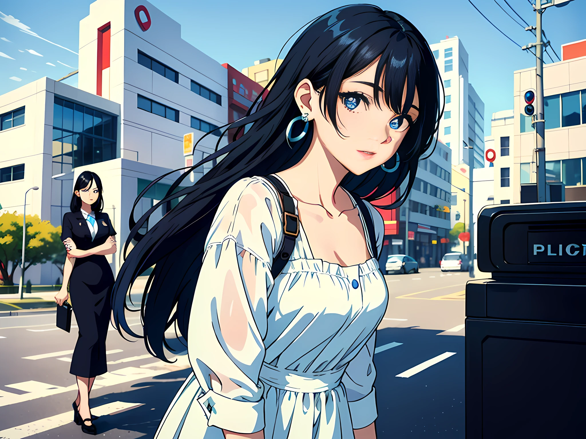1 woman, black hair, blue pupils, delicate face, cute, love earrings, white dress, standing in front of the police station, surreal