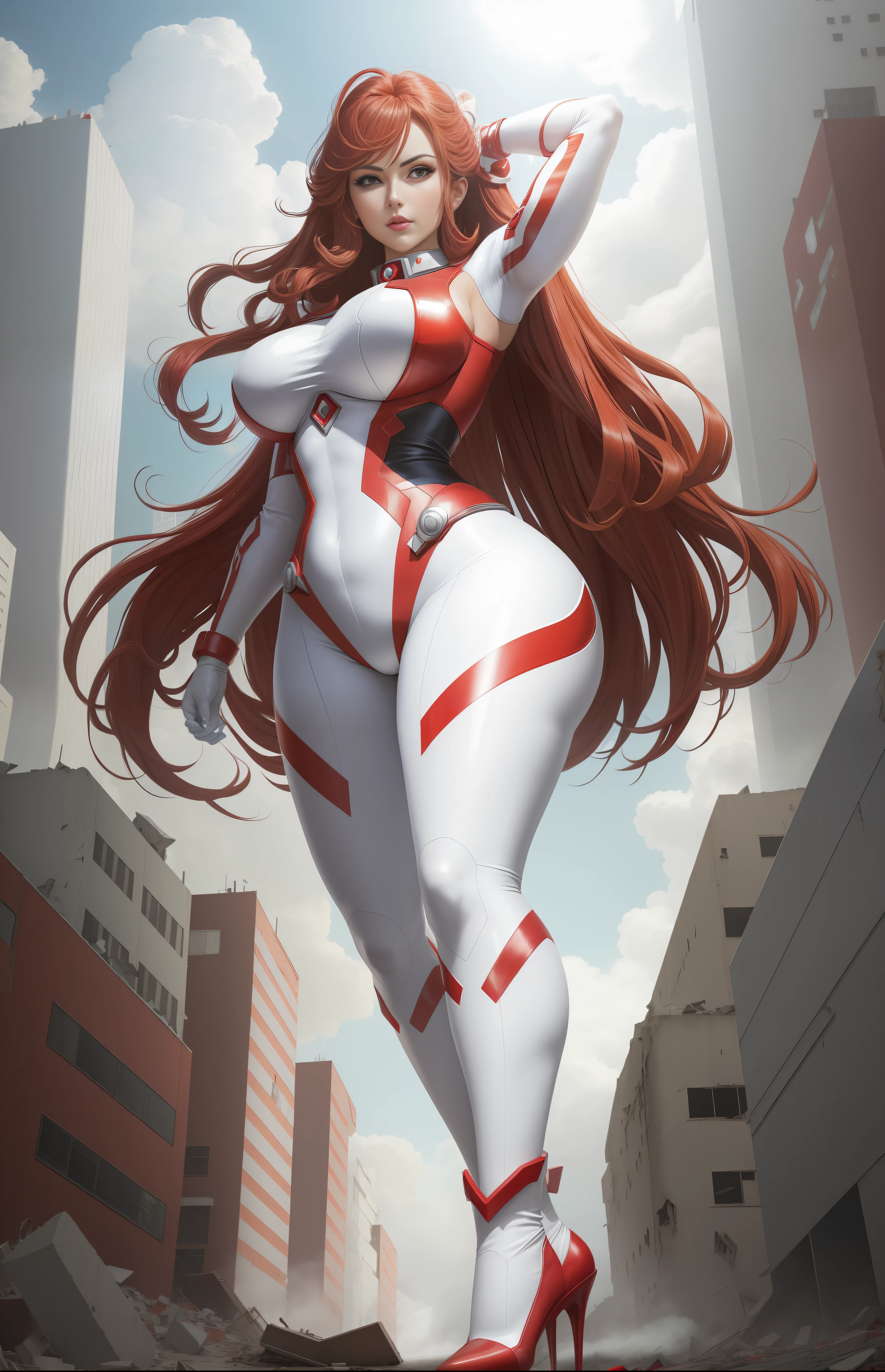 A giant woman/Ultraman/ in a completely destroyed city. Red gem on chest, extremely beautiful, with long, wavy hair, enormous breasts, and looking directly at the viewer , striking multiple poses with her arms and legs in an anime style. The image is of maximum resolution, quality, sharpness, and detail,red high heels,from below,white red full_body bodysuit,long gloves,makeup,milf.