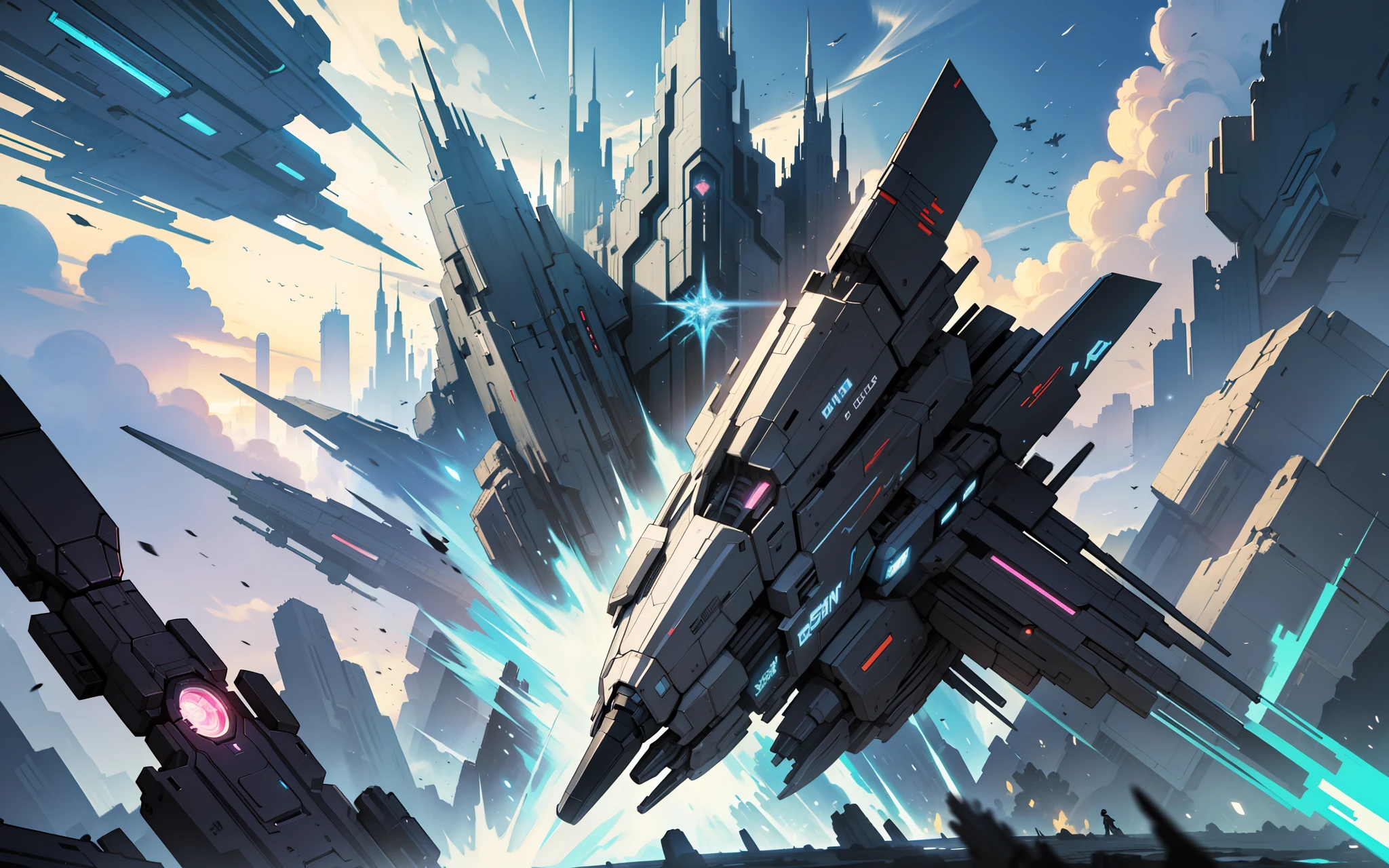 Crossboard battle scene, sci-fi scene, gorgeous breakage, parallel perspective, there is a spaceship picture, cyberpunk, broken, has a very light effect, there is a horizontal very wide glass background, magical background, arena background, game background, exaggerated dark, cartoon style