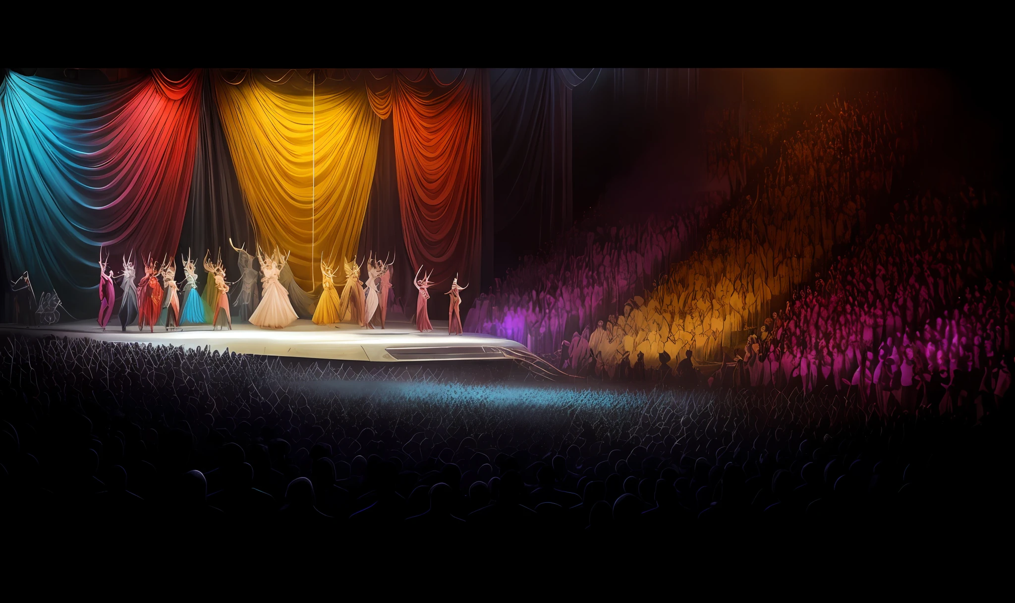 arafed view of a stage with a group of dancers on it, rendering of beauty pageant, concept art magical highlight, award-winning concept art, concept art stunning atmosphere, stunning! concept art, visually stunning scene, colorful concept art, award winning concept art, artists rendition, magical concept art, artistic rendering, by Mike Winkelmann, opening scene