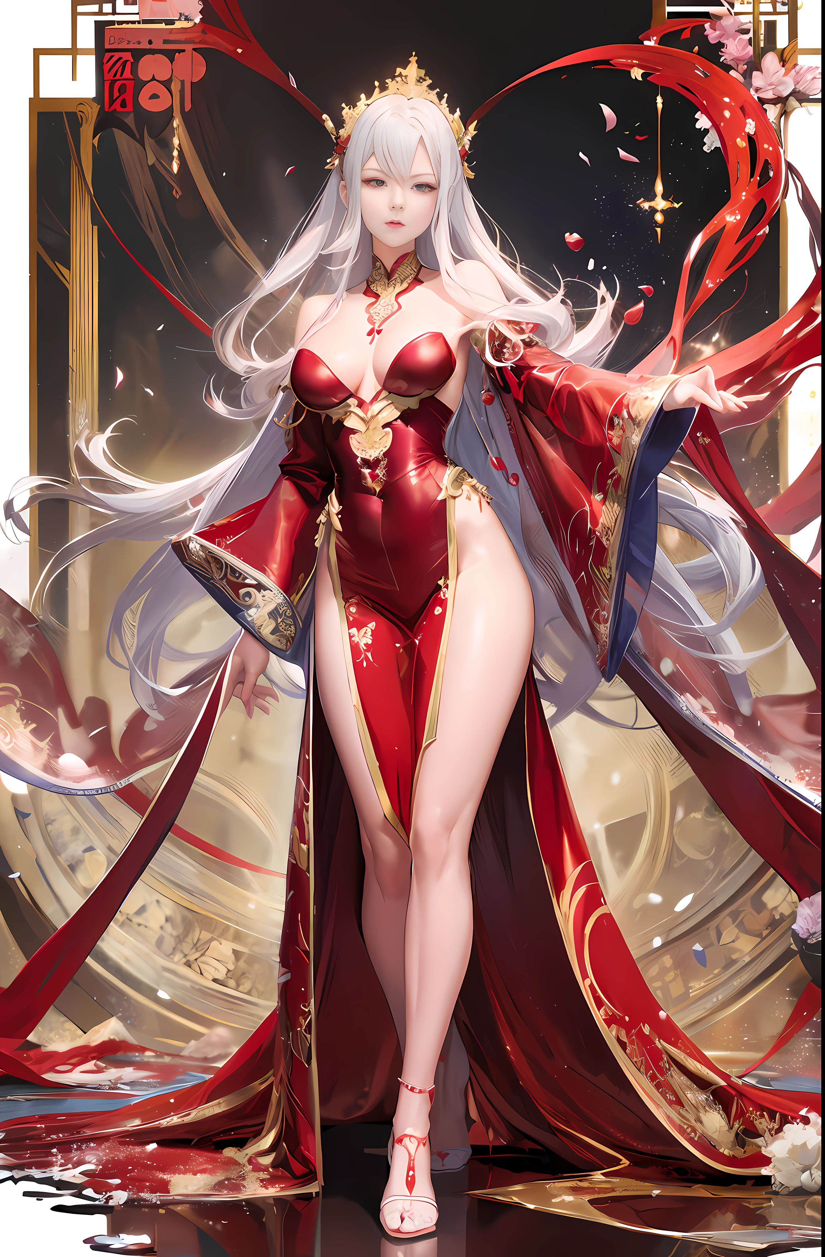 Master anime work, impeccable masterpiece, a mature female character standing in a sexy transparent red robe on a pure white background, flowing silver hair, full body standing, slender legs, straight breasts, detailed face details, natural standing, vivid and real body details