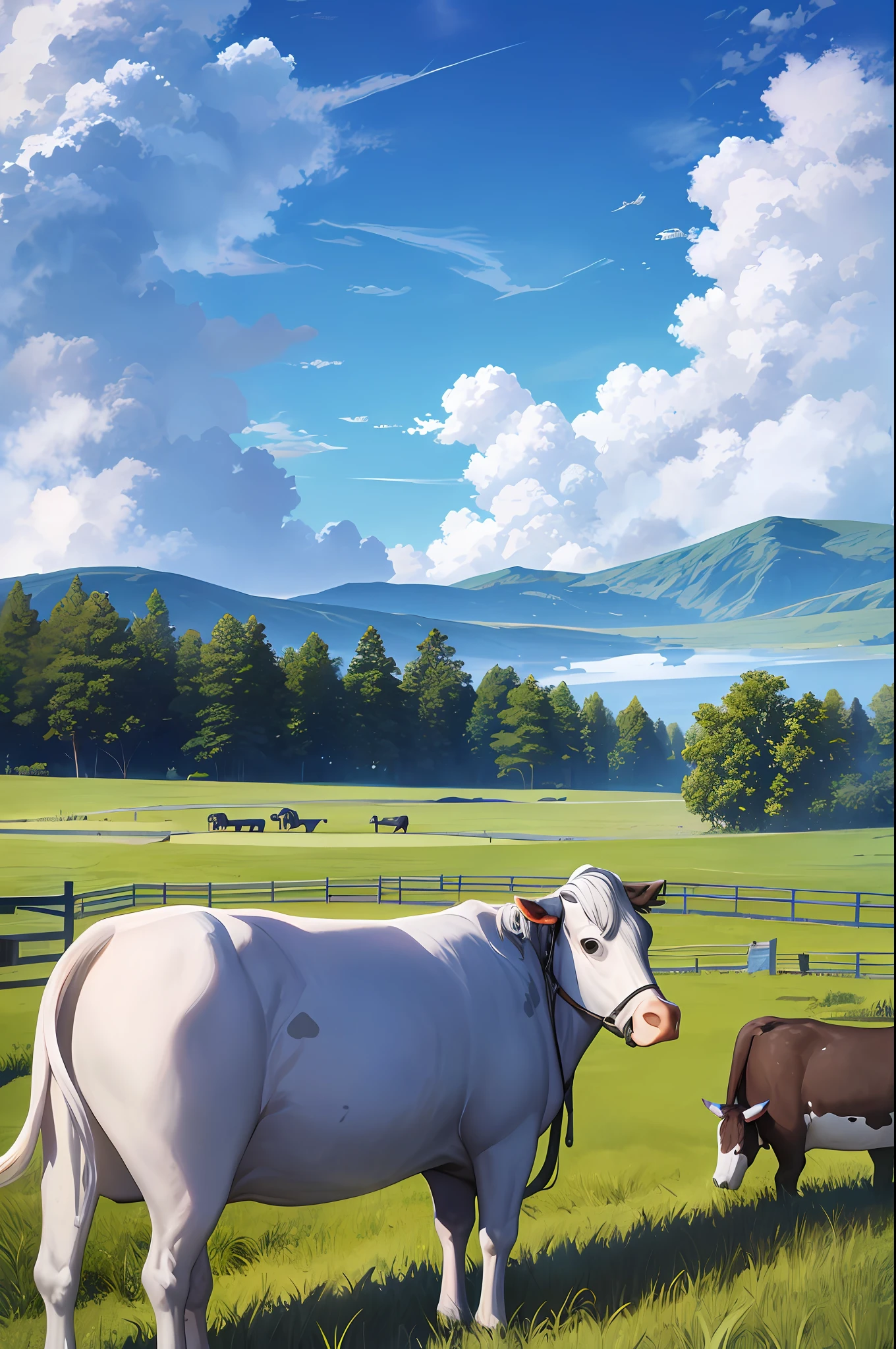 No humans, blue sky, white clouds, green grass, cows