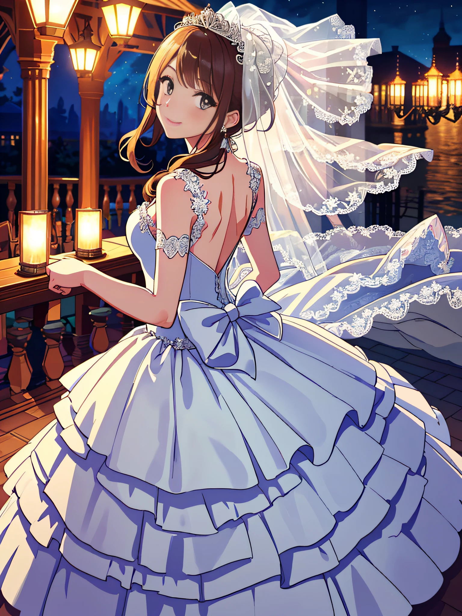 (best quality, high definition, masterpiece:1.2,), Illustration, night, 1girl, (wedding dress), arm behind back, waiting for kiss, looking at viewer, happy,