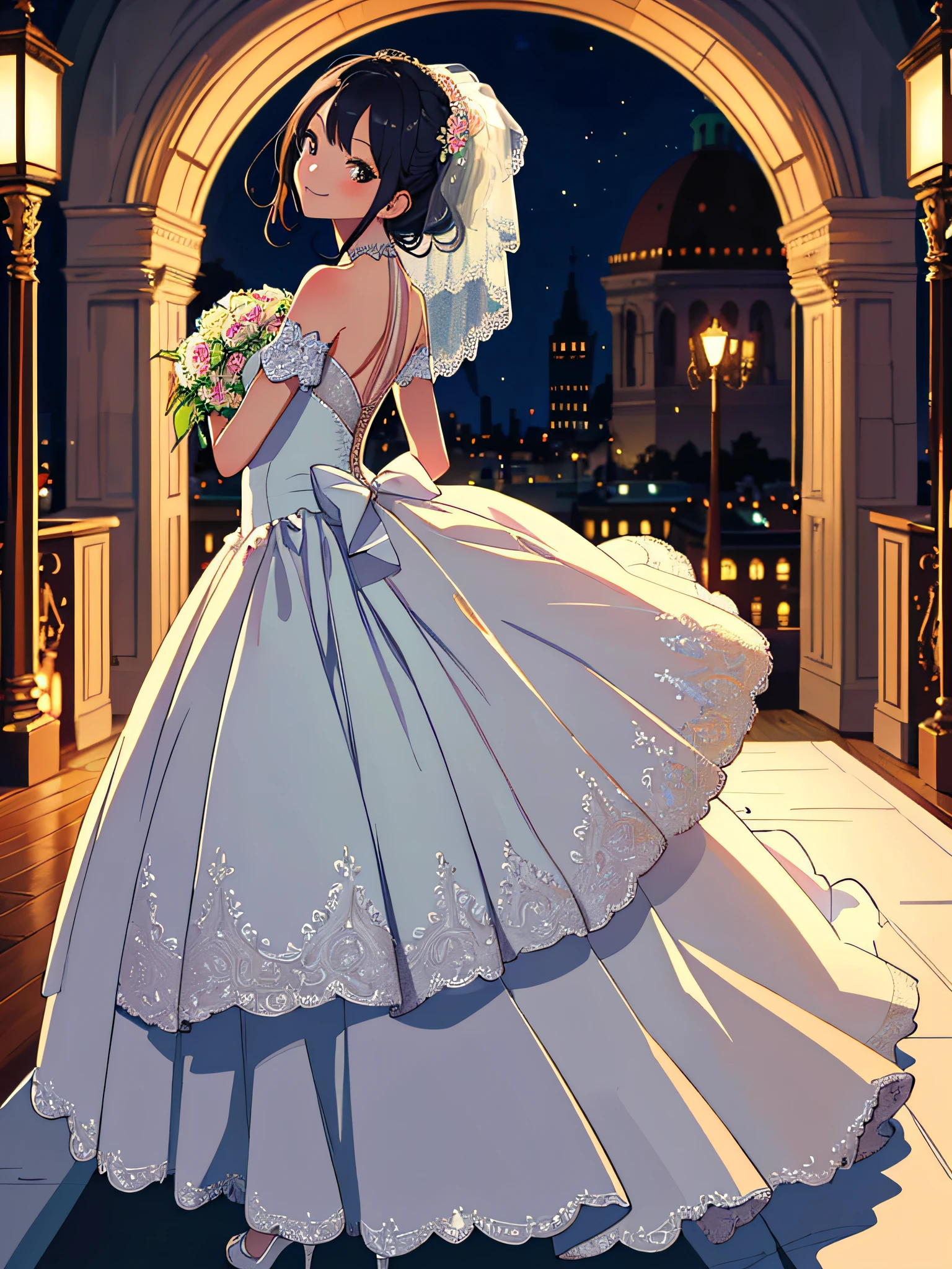 (best quality, high definition, masterpiece:1.2,), Illustration, night, 1girl, (wedding dress), arm behind back, waiting for kiss, looking at viewer, happy,