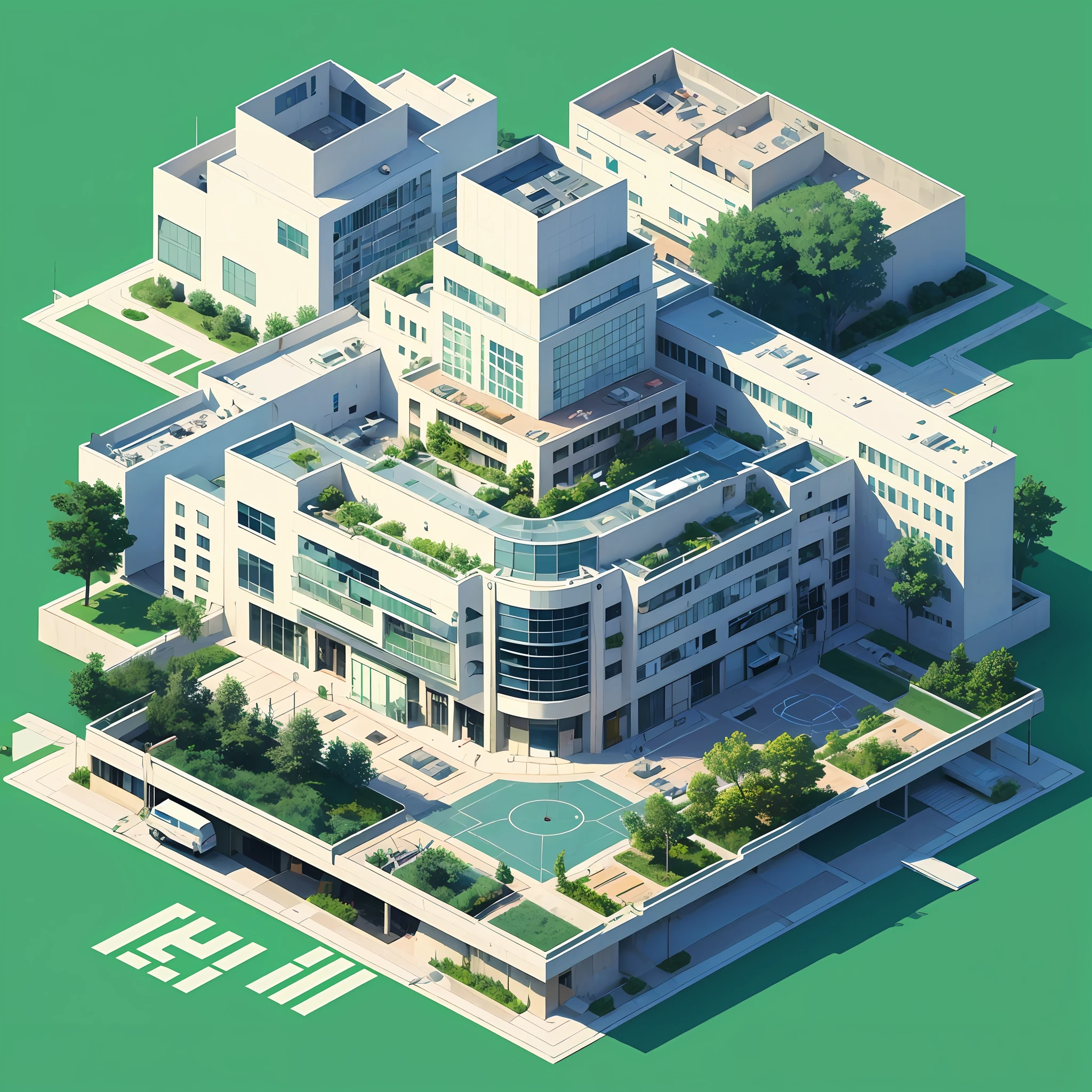 The phone has a picture of a hospital, vector design drawing, front, hospital as a whole, with separate building, basketball court, lawn.
