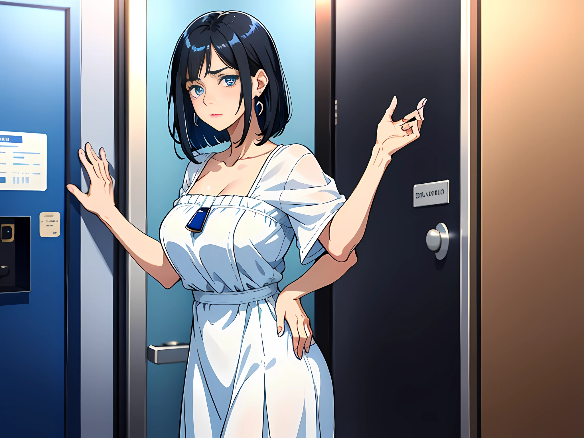 1 woman, black hair, blue pupils, delicate face, cute, love earrings, white dress, standing at the door of the police station, annoyed, ultra hd, masterpiece, best quality, super detail, ccurate