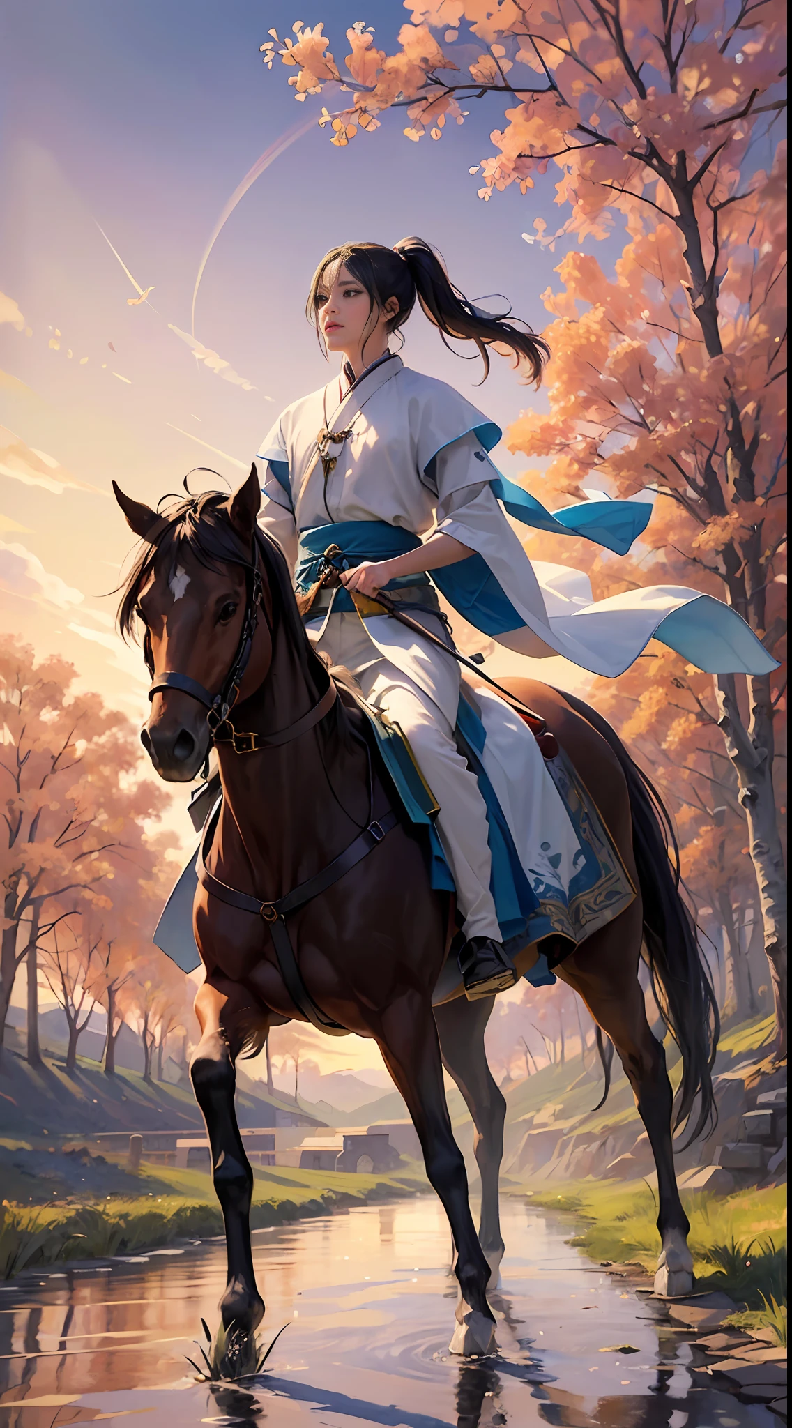 (Watercolor style, spectral art) + (Man in Song Dynasty costume riding a horse: 0.2) - Correct shape and proportions conform to anatomy, (Flying abruptly. Sunset), (the willow trees next to the road are mottled with light and shadow, and the ancient road extends.) Autumn cicadas neigh, breeze blowing, disturbing pedestrians). (Rich and gorgeous colors in the distance) + (Subtle reflection of flow, pulsation smudge splash) + (clear light and shadow, swaying dynamics)