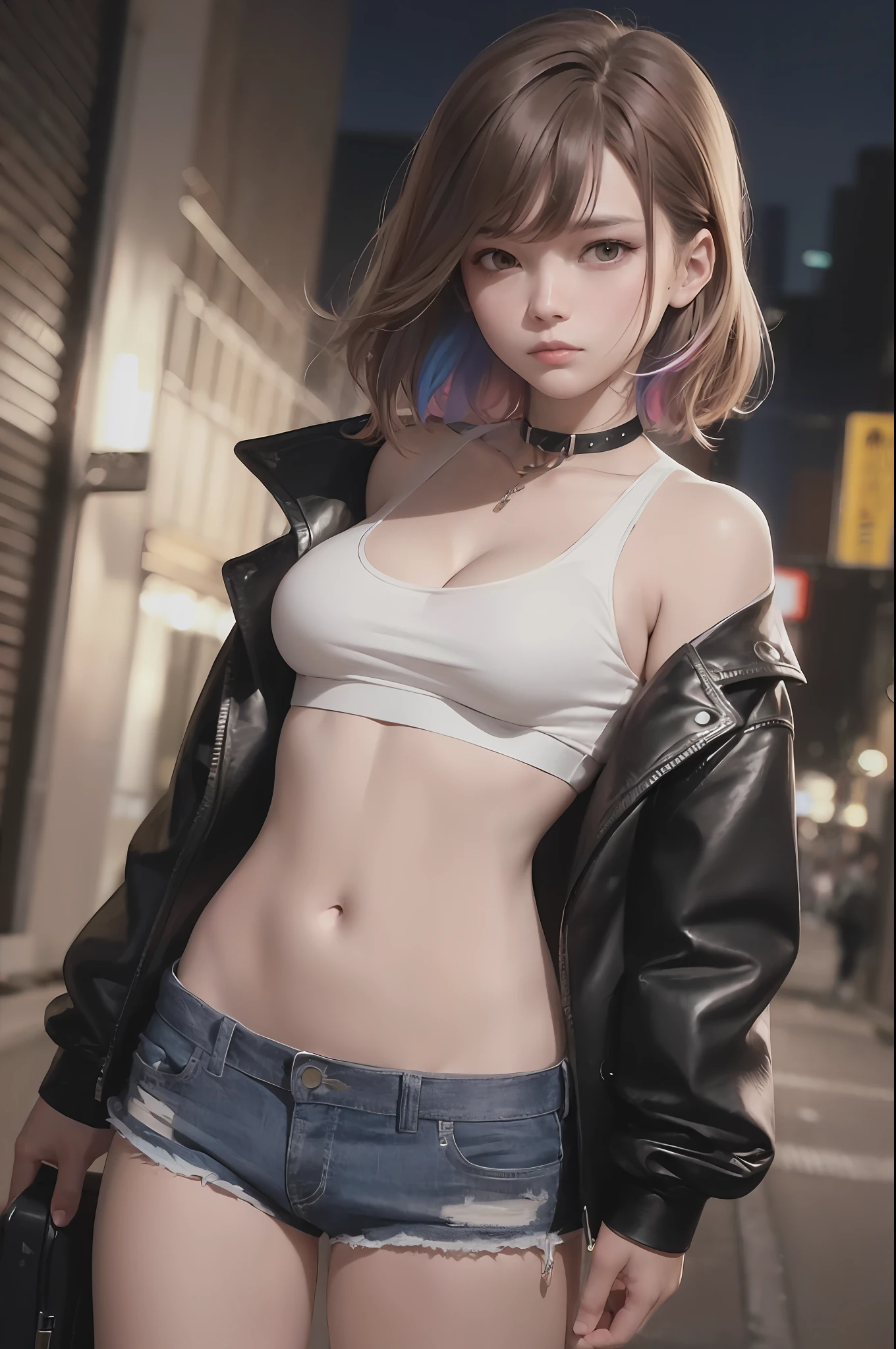 ((Big, Tomboy, Small Head)), (Perfect Body: 1.1), (Short Wavy Hair: 1.2), Reddish Brown, Collar, Chain, Full Body Shot, Crowded City, White Tank Top, Jeans Jacket, (Shorts), (Very Elaborate CG 8K Wallpaper), (Very Delicate and Beautiful), (Masterpiece), (Best Quality): 1.0), (Ultra High Definition: 1.0), Beautiful Lighting, Perfect Lightning, Realistic shadows, High Resolution, Detailed skins, Super Detail ((Colorful))