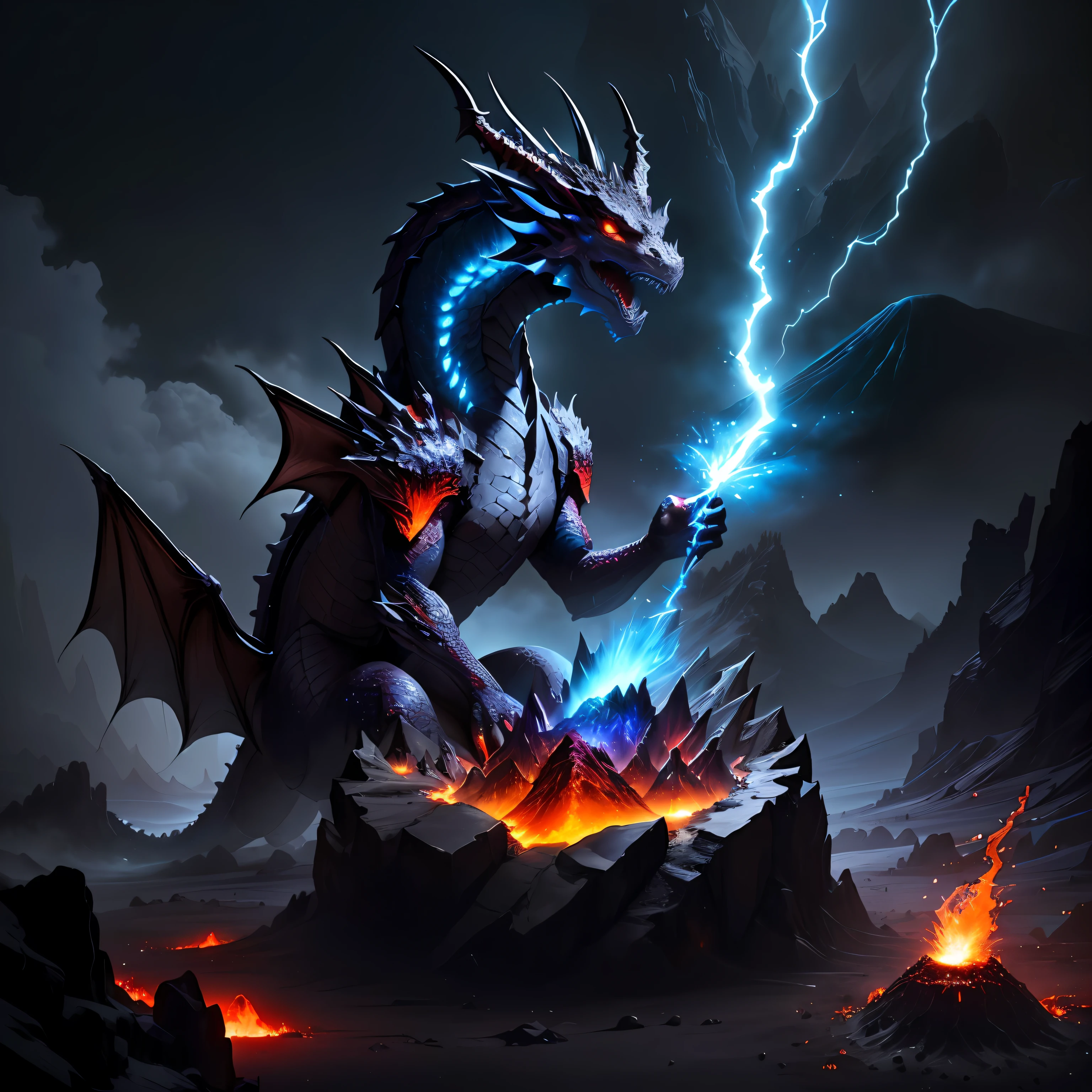 a dragon living in a volcano, magic, darkness, lightning, dark visuals