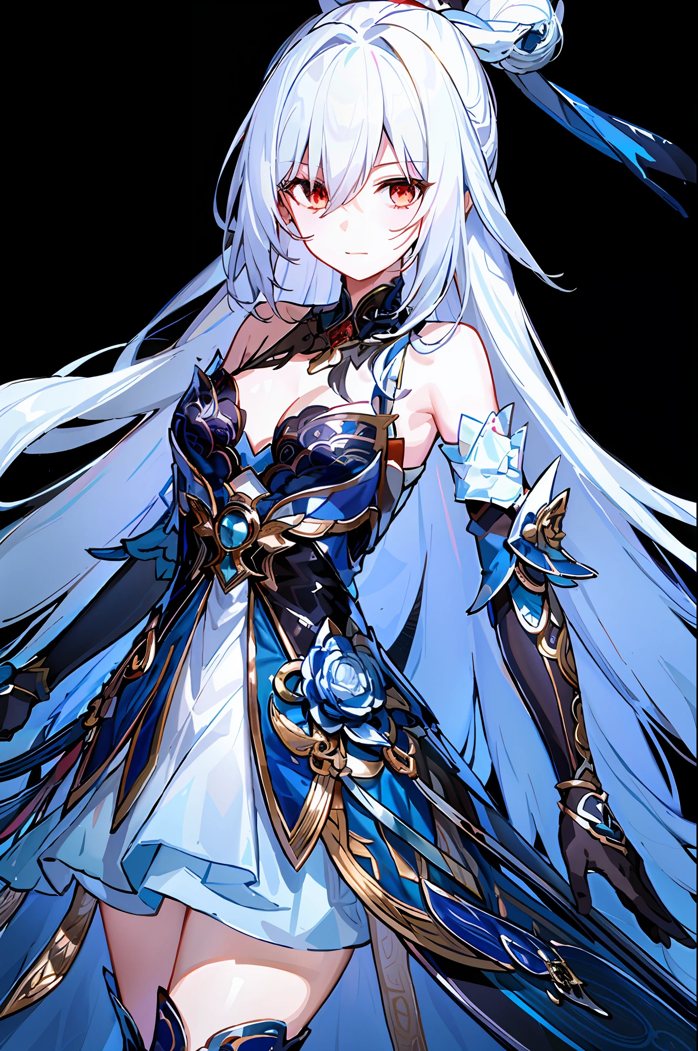 masterpiece, best quality, JingliuV4, 1girl, solo, looking at viewer, closed mouth, gloves, dress, black gloves, detached sleeves, hands behind back,