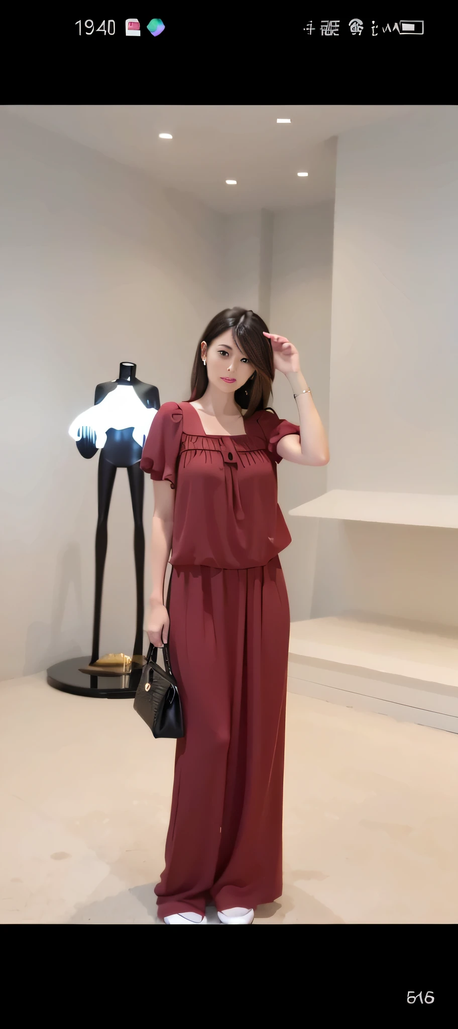 arafed woman in a red dress and black purse standing in a room, red shirt brown pants, colour, black and red silk clothing, maroon red, 2 0 2 0 fashion, red, femme, wearing a red outfit, lady, casual clothing style, satin, 19xx, loose, cotton, simple dress, reds, 🤬 🤮 💕 🎀