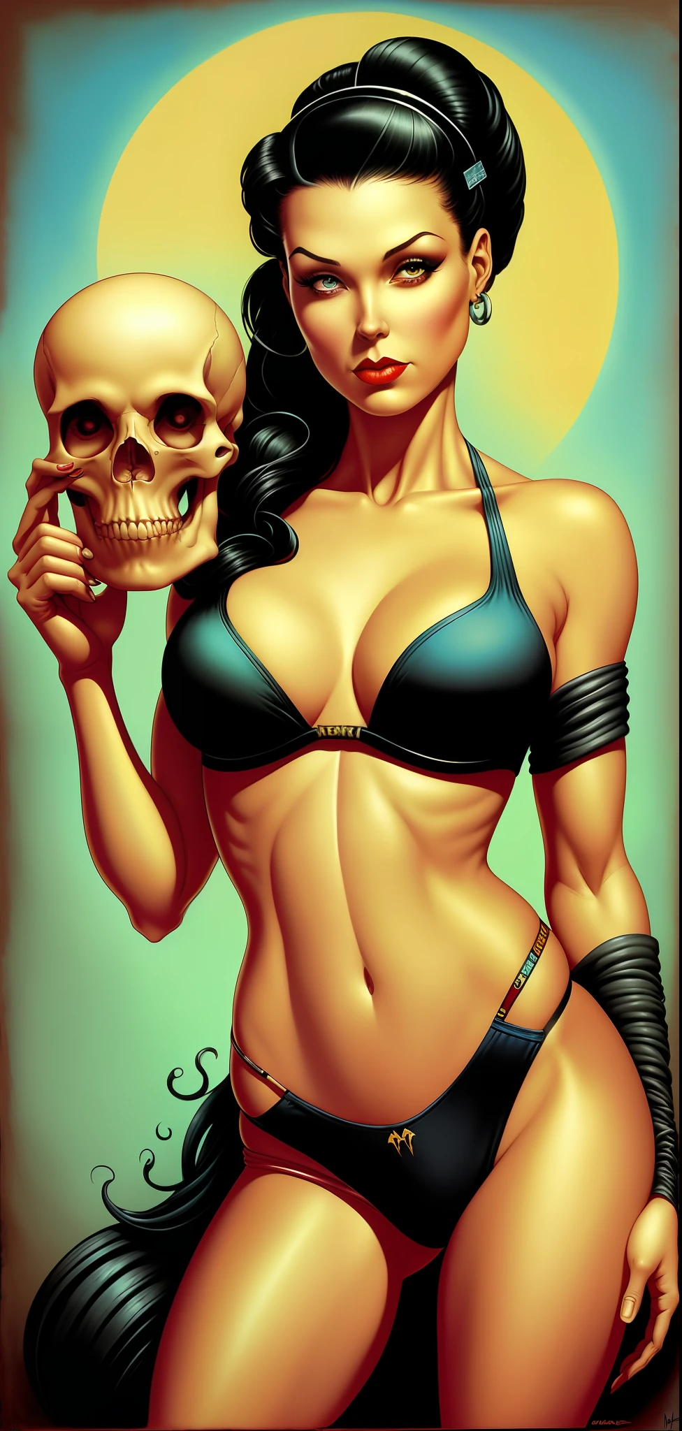 Bikini woman holding a skull and a skull, full body, realistic pencil drawing, she does not tattoo, realistic drawing, by Mark Brooks, Boris Vallejo and Tom Bagshaw, by Tom Bagshaw and Boris Vallejo, by Jason Edmiston, Boris Vallejo and Ilya Kuvshinov, Chris Moore. artgerm, inspired by Jason Edmiston, pinup art