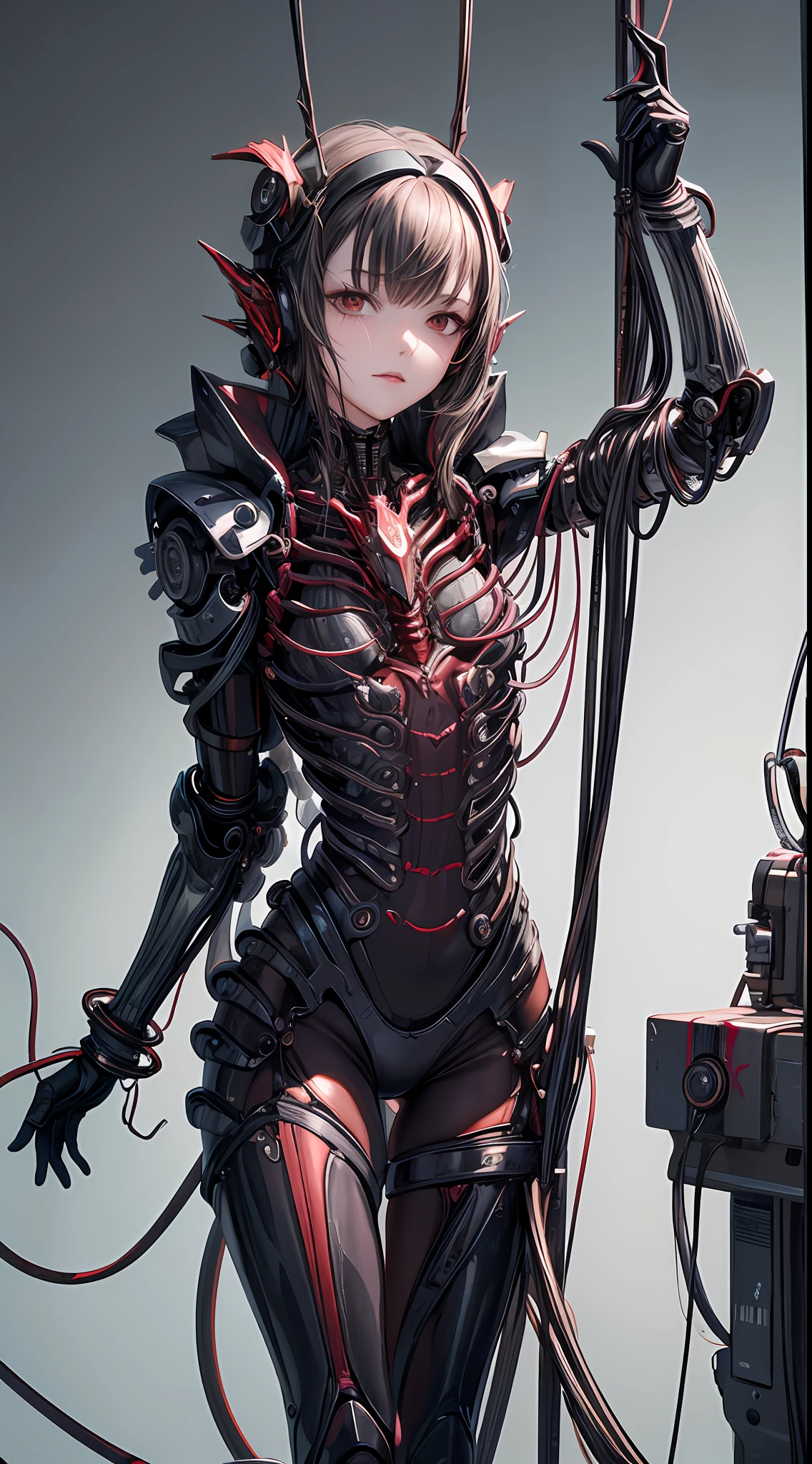 (((Masterpiece))), ((Best Quality)), (Super Detail), (CG Illustration), (Very Evil and Beautiful)), Cinematic Light, ((1 Mechanical Girl)), Single, (Mechanical Art: 1.4), ((Mechanical limb)), (Blood vessel attached to a tube), ((Mechanical spine attached to the back)), ((Mechanical cervical vertebrae attached to the neck), (Back to the viewer)), expressionless, ( Wires and cables attached to the head and body: 1.5), Science Fiction, Apocalypse, Ruins, (Lower Body Integrated with Mechanical Devices), (Blood: 1.5), Cruelty, Absurdity, Eroticism, Fusion with Machines, Doomsday Time, Super Future, Inorganic, Laboratory, Restraint, (Beautiful Indulgence: 1.2), (1 Girl: 1.3), Body Wrapped Around Mechanical Tentacles