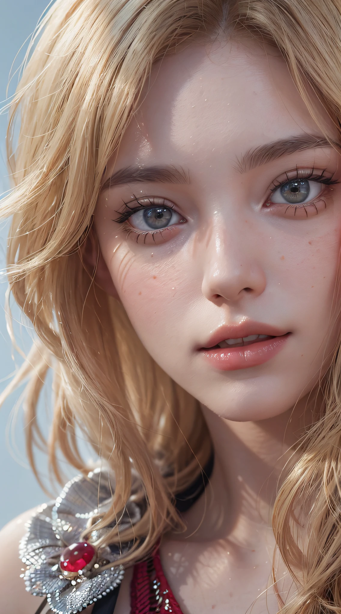 Photorealistic portrait of a beautiful lady with blonde hair in a close up shot, wearing a red bikini and exuding sensuality and elegance, intricately detailed on her skin texture with 3d render and octane render, trending on artstation