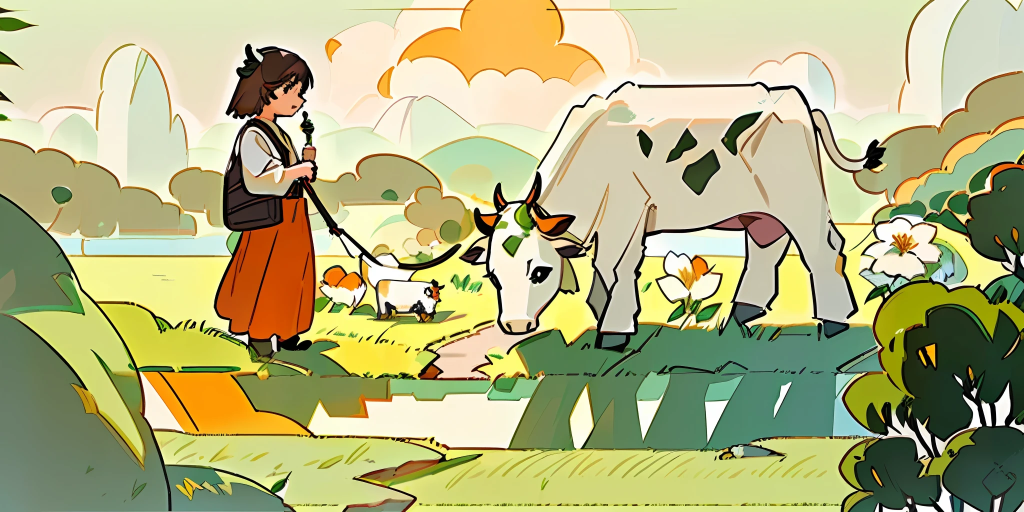 ((A person leads a cow, the cow is grazing)) Naturalness, natural color, soft light, grass, cow grazing, posture, dynamics, expressiveness, visual effects, three-dimensional, details, texture, cow expression, layering, texture, ease, pleasure, life, natural elements, orange trees, flowers, mountains, ecology, flat illustrations, aesthetics.
