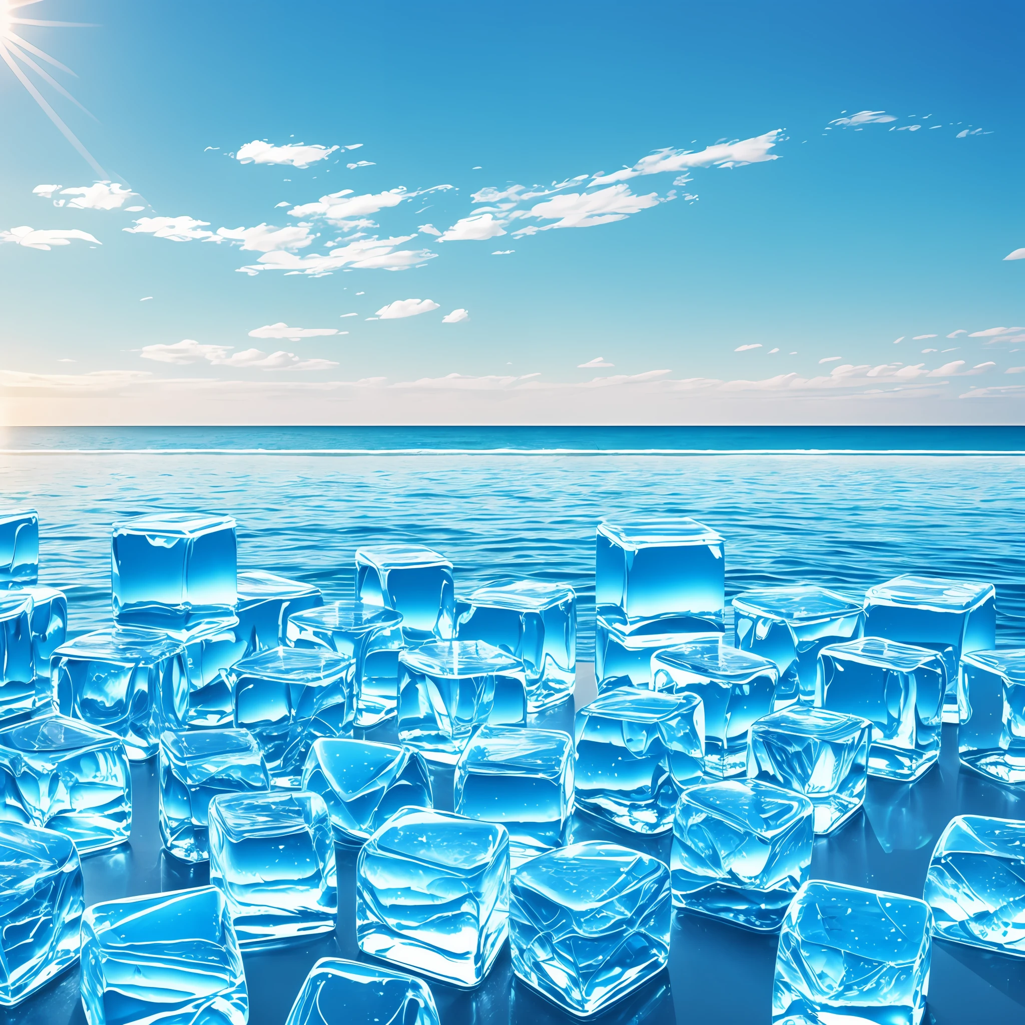 Summer feeling, Enterprises send cooling activities to employees, blue tone, There are some ice cubes and elements of the seaside, stereogram, cinematic lighting, projected inset, pov, UHD --auto --s2