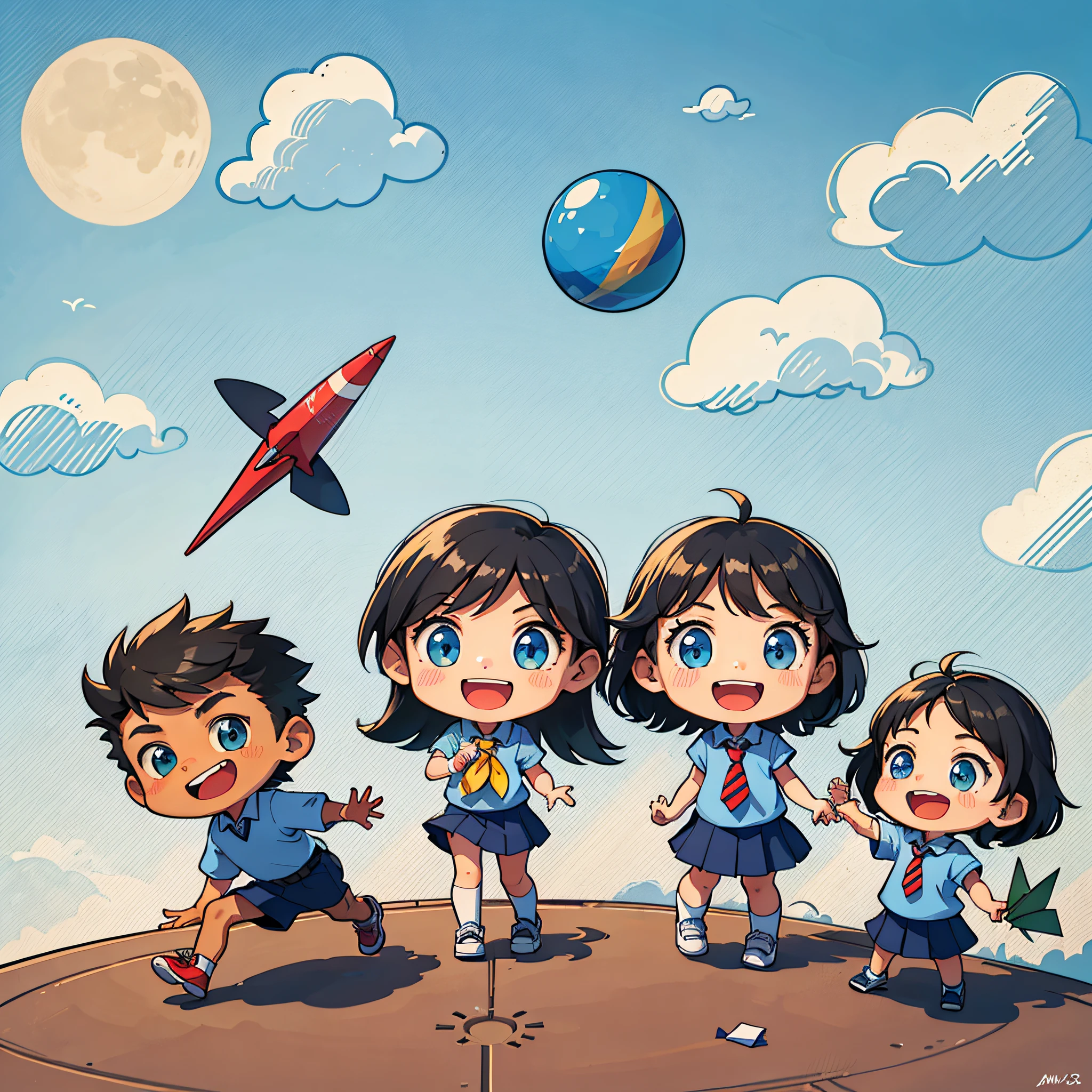 One girl and two boys, , summer, school, happy, kids playing, paper airplanes, rocket, planet, sunny day simple sky cloud background with school playground, cartoon illustration, kids illustration --auto --s2