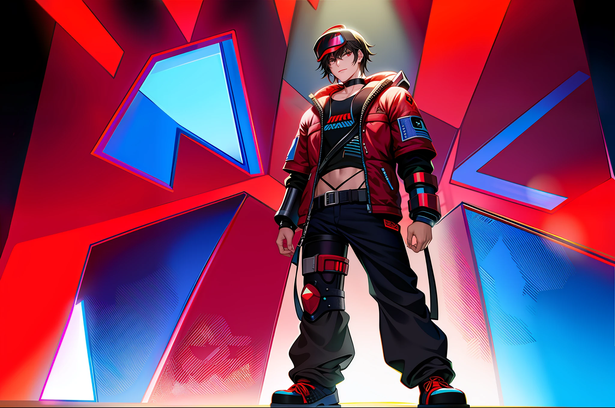 Guy wearing cyberpunk helmet armor red and blue fullbody spider logo on chest fullbody cuffs on ankles