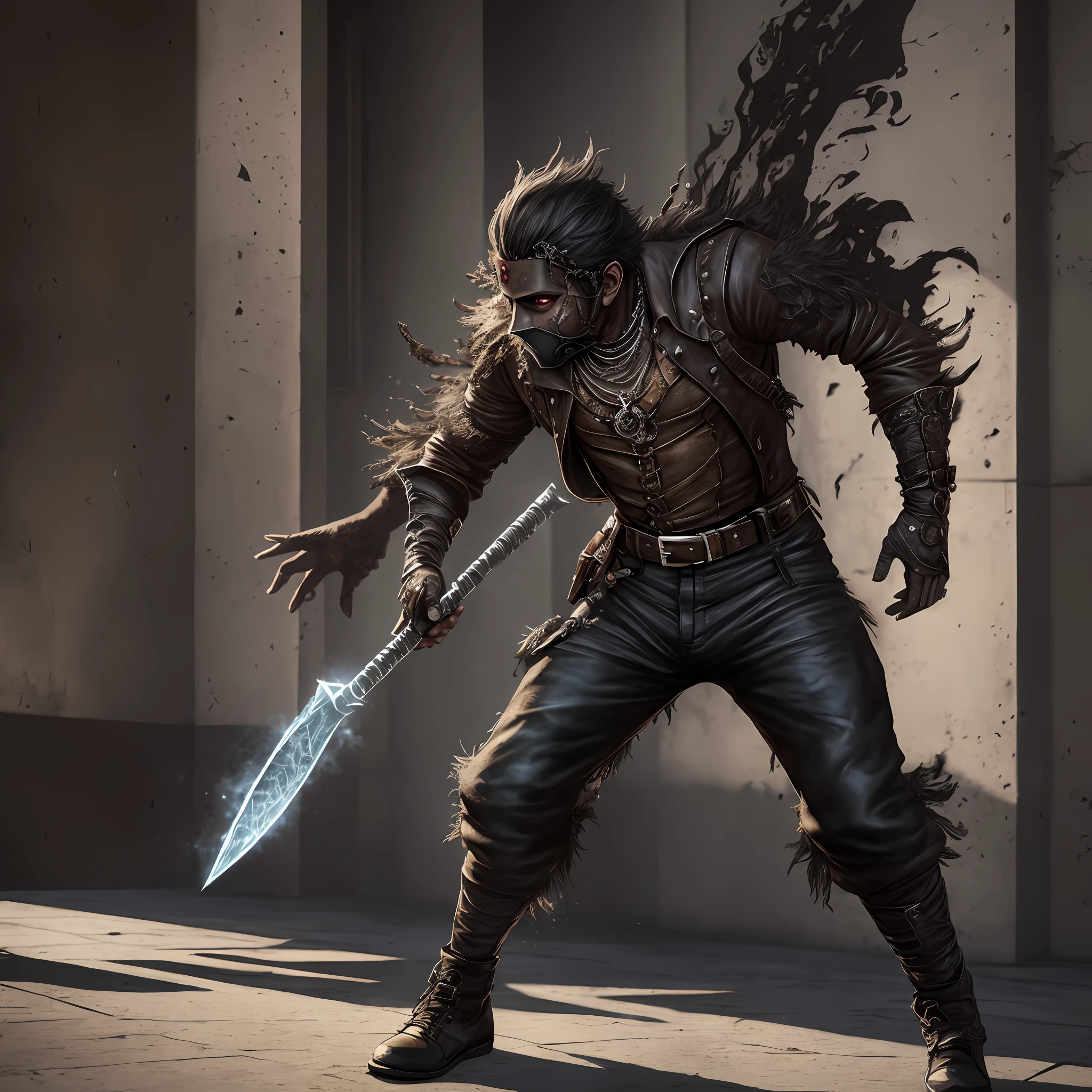 Photorealistic, full body, horror fantasy ruffian struggling against infecting shadow --auto --s2